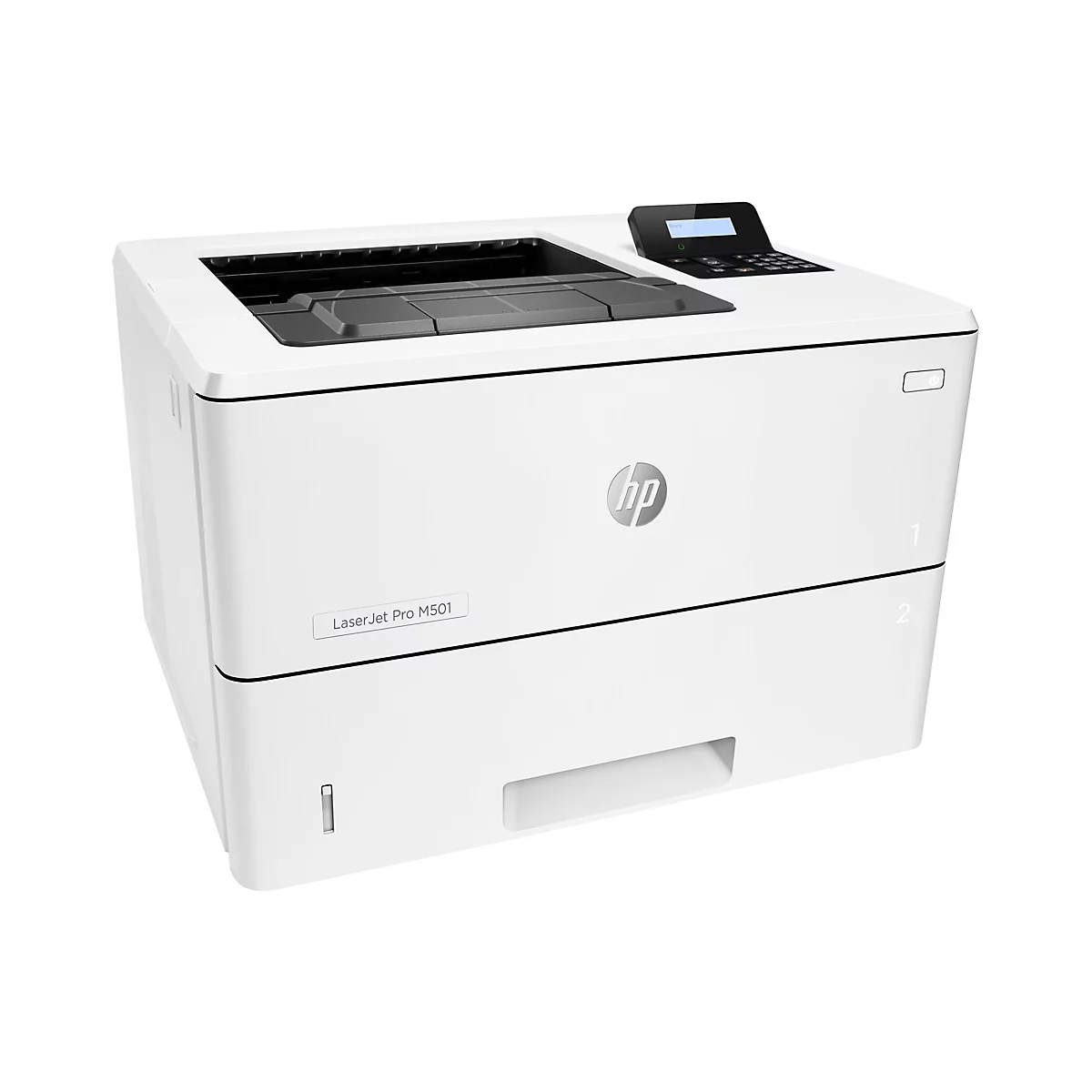 Ein weißer HP LaserJet Pro M501 Drucker. Oben befindet sich das Bedienfeld mit Display. Das HP-Logo ist prominent zu sehen.