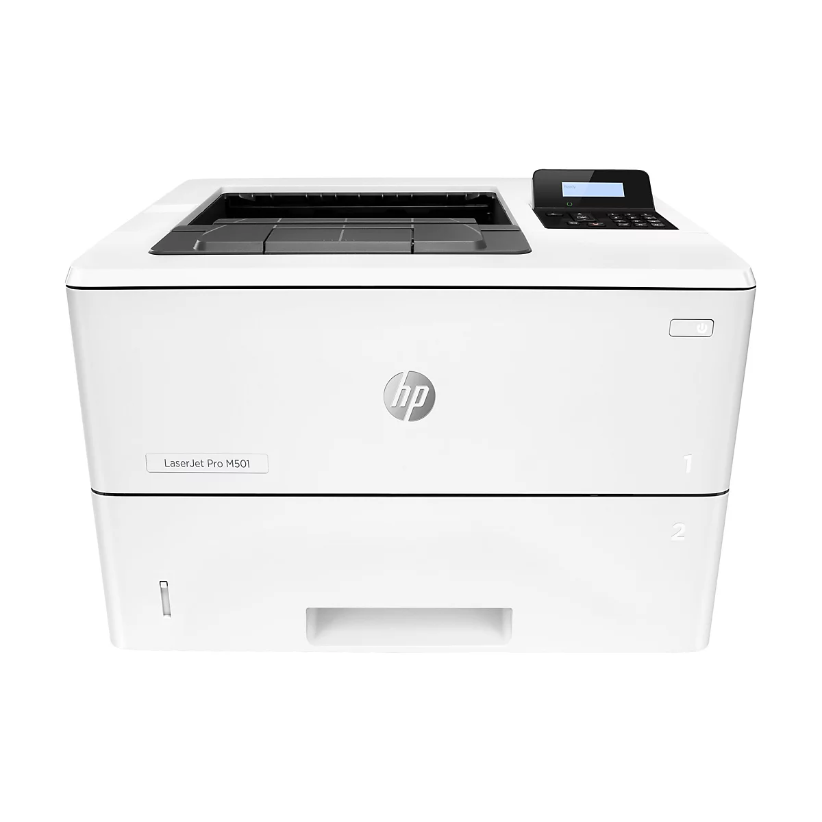 Weißer HP LaserJet Pro M501 Drucker, mit Display und HP Logo.