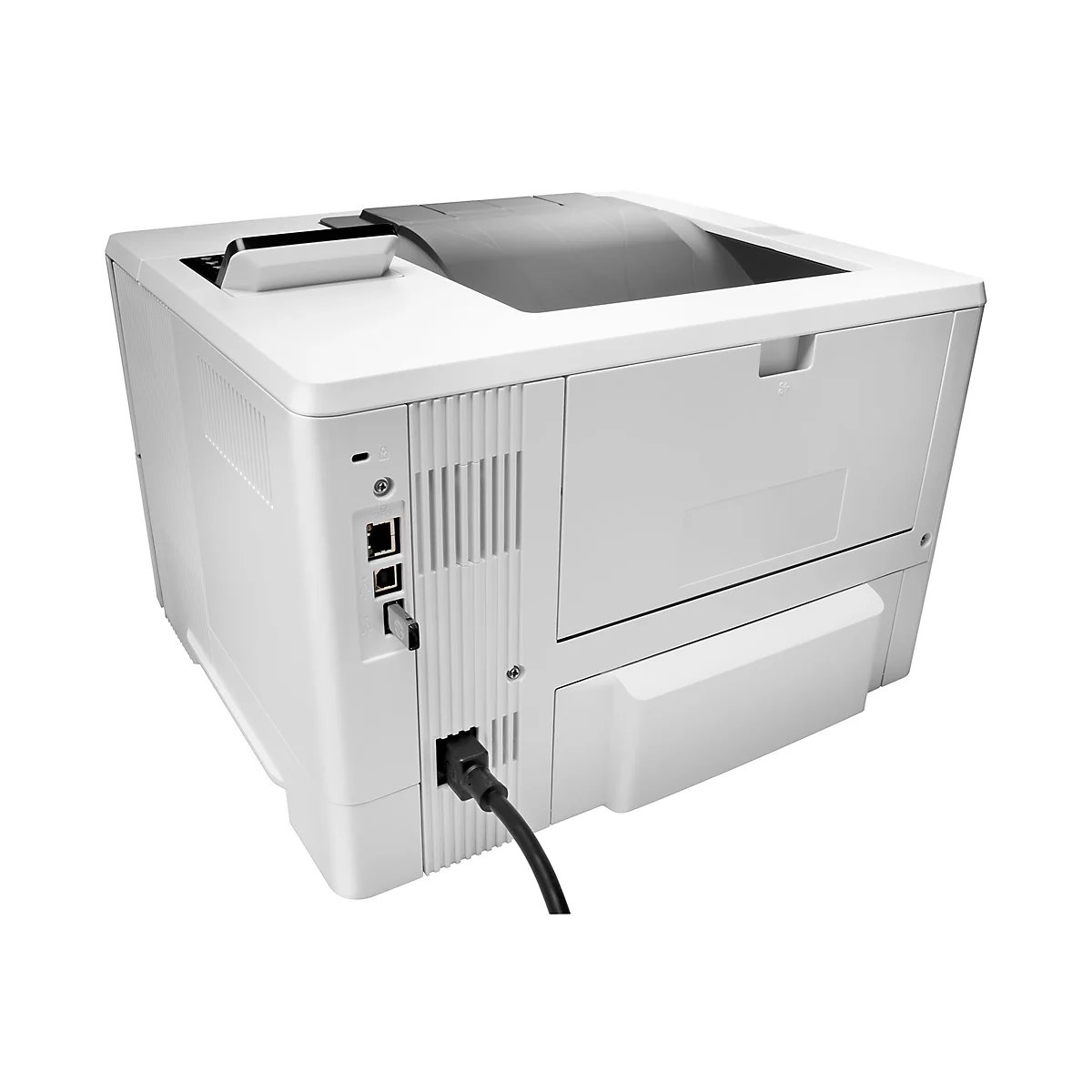 Weißer Laserdrucker, perspektivische Ansicht, zeigt die Rückseite. Schwarzes Stromkabel angeschlossen. Anschlüsse und USB-Port sind sichtbar.