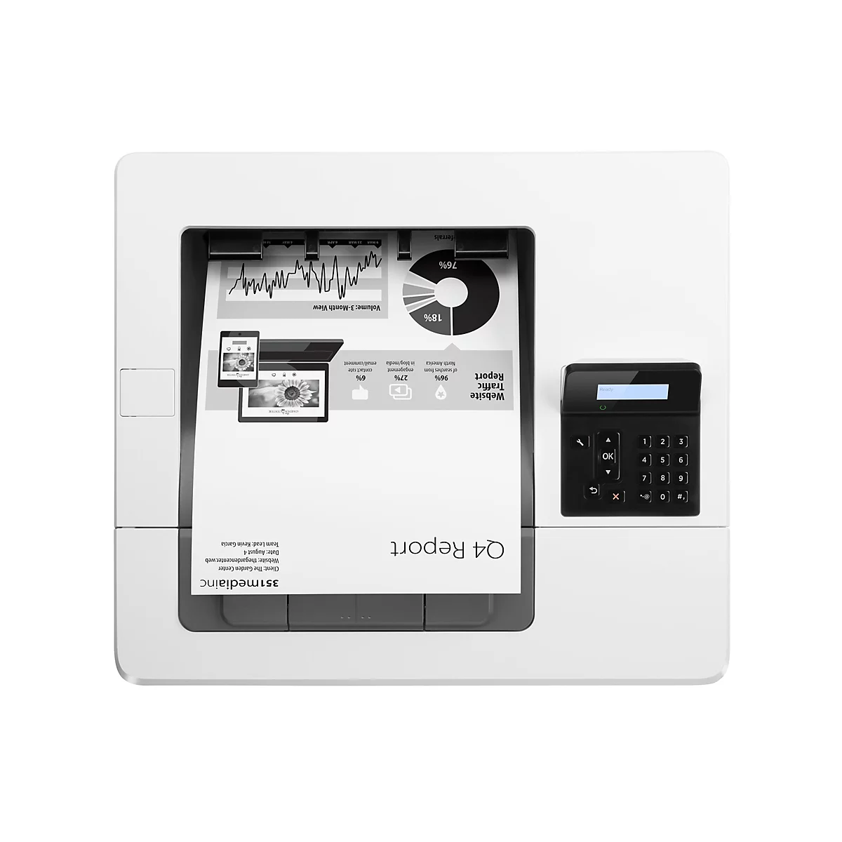 Ein weißer Drucker, der einen Bericht ausdruckt. Der Bericht zeigt Grafiken und Text, darunter eine Tortengrafik, Diagramme und Informationen zur Website.