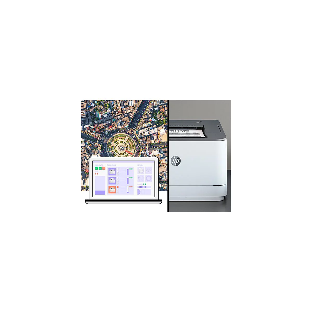 Laptop mit Druckerstatus, Stadtansicht und Drucker vor grauem Hintergrund. Der Drucker druckt.