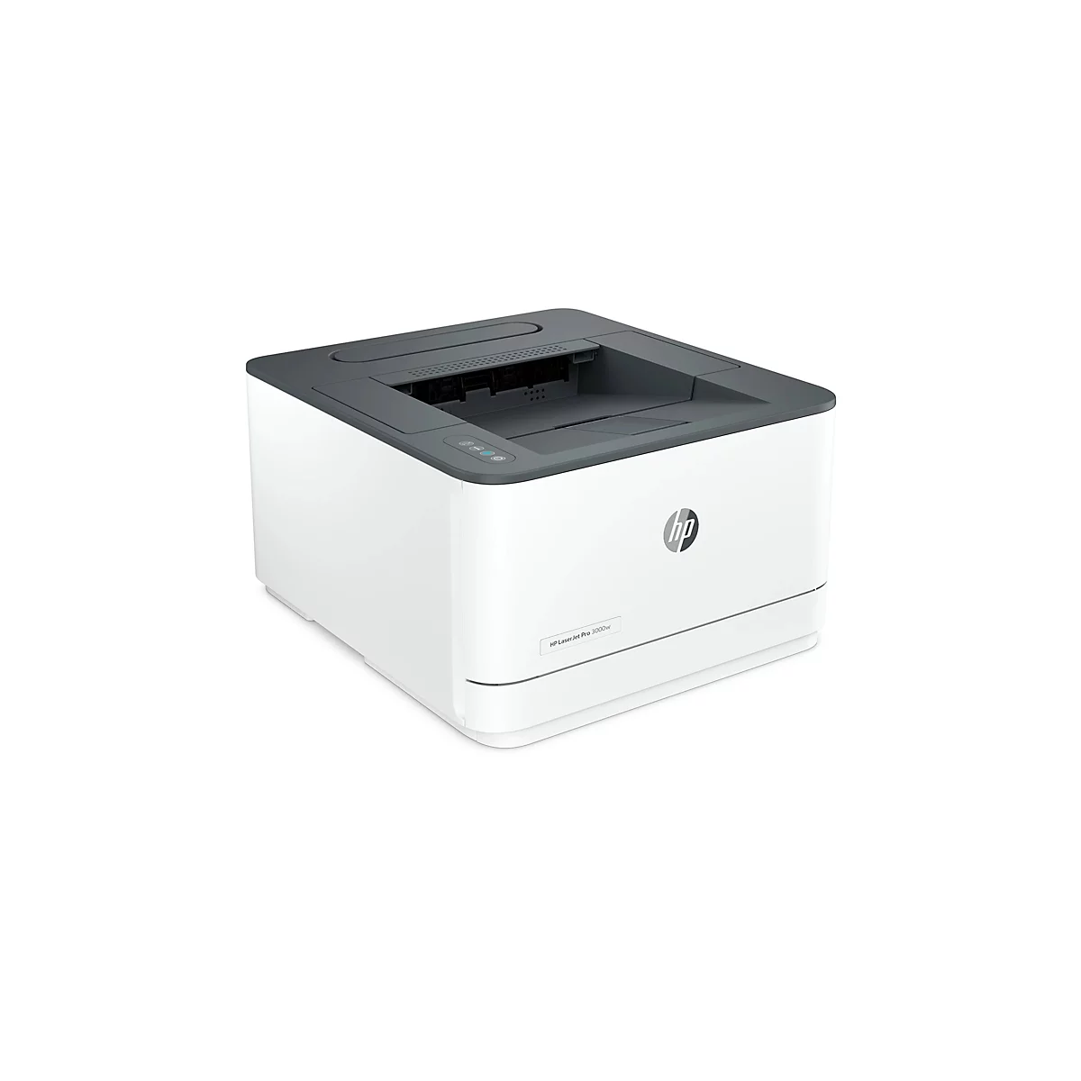 Weißer Drucker der Marke HP. Oberseite und Bedienelemente sind grau, Logo auf der Vorderseite.