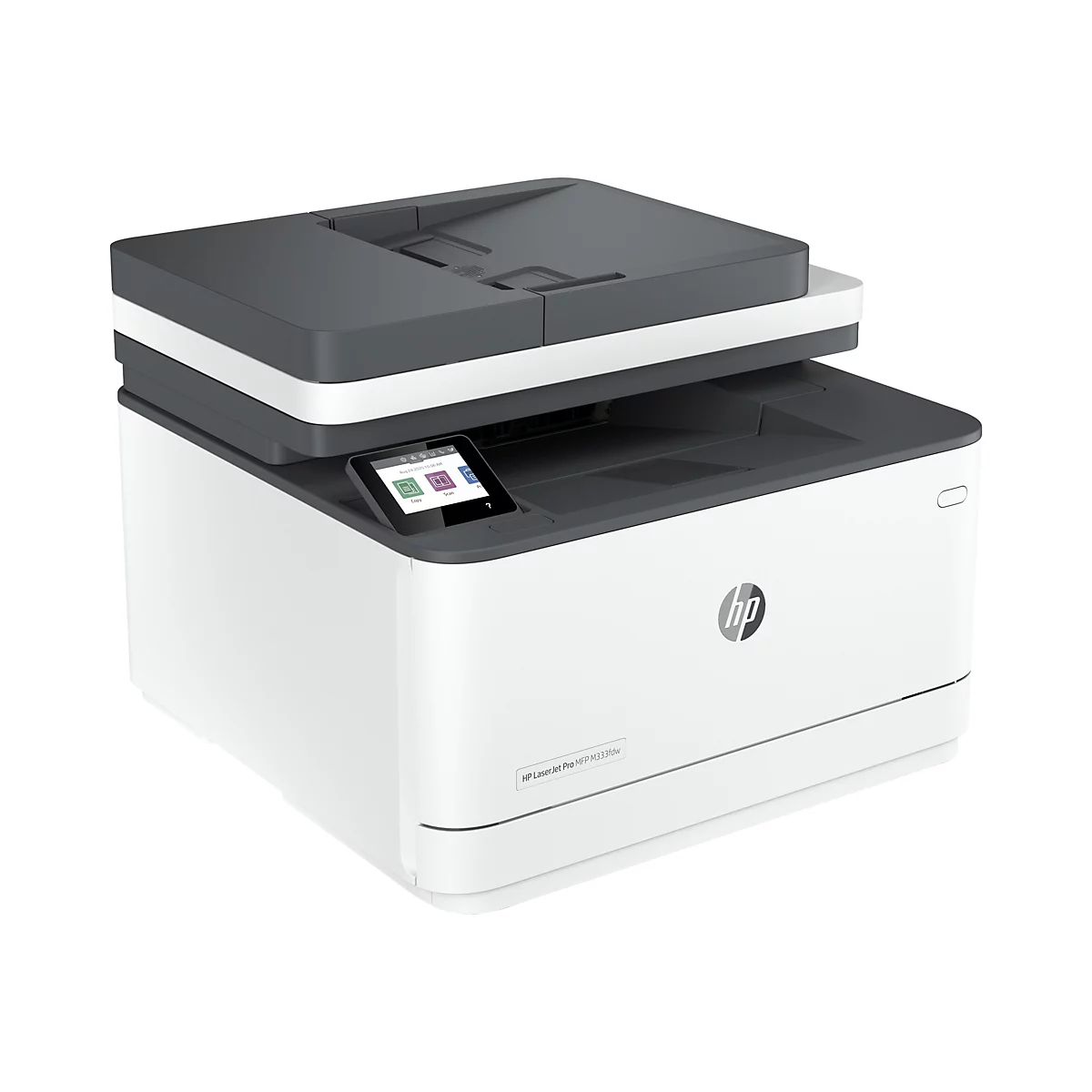 Weiß-schwarzer HP LaserJet Pro Drucker. Auf dem Bedienfeld werden Optionen wie Kopieren und Scannen angezeigt.