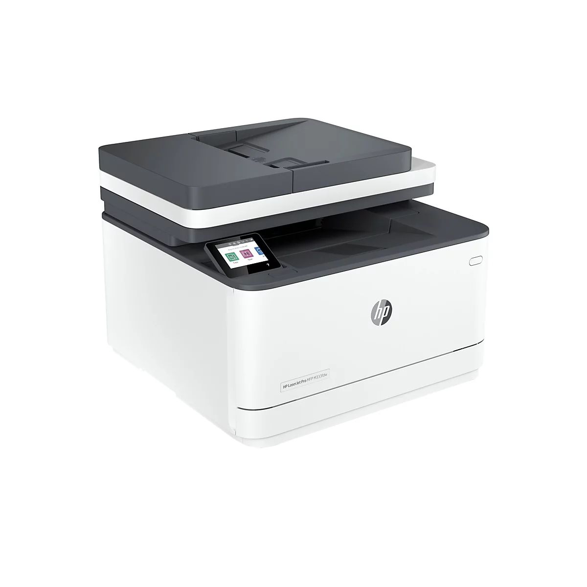 Weiß-grauer HP-Laserdrucker vor weißem Hintergrund. Auf dem Bedienfeld werden Optionen angezeigt. Der Drucker hat das HP-Logo.