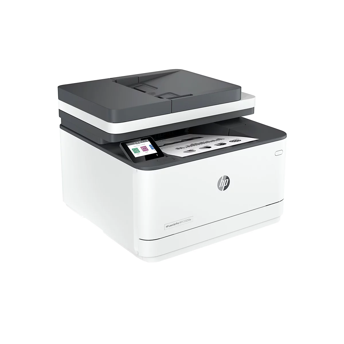HP LaserJet Pro MFP 3102fdw. Weißer Drucker mit grauen Elementen, mit einer Vorlage im Inneren.