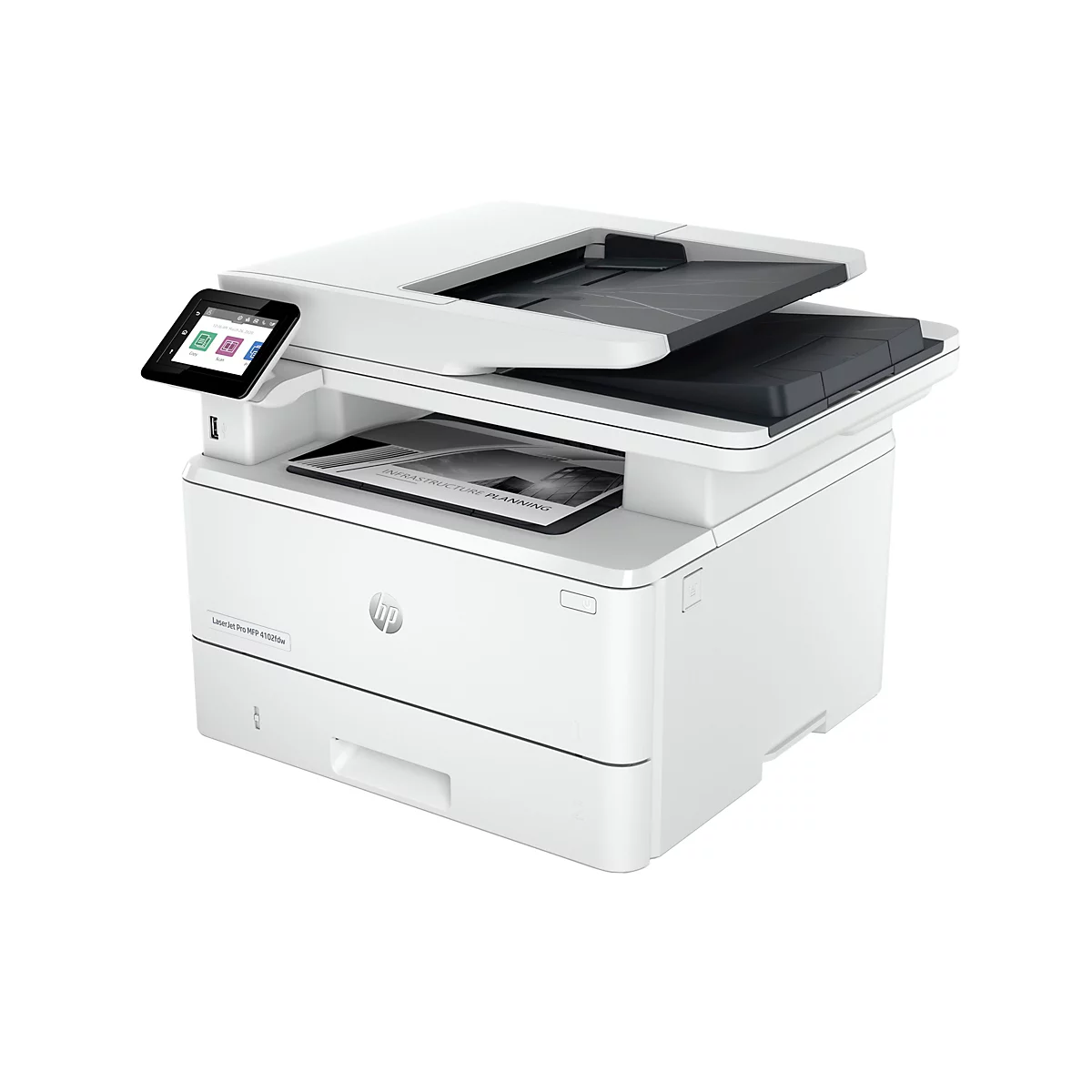 Weißer HP LaserJet Pro MFP 4102fdw Drucker. Oben befindet sich ein offener Deckel und darunter ein Blatt mit der Aufschrift "INFRASTRUCTURE PLANNING". Auf der linken Seite befindet sich ein Touchscreen-Display mit Funktionen wie "Kopieren" und "Scannen".