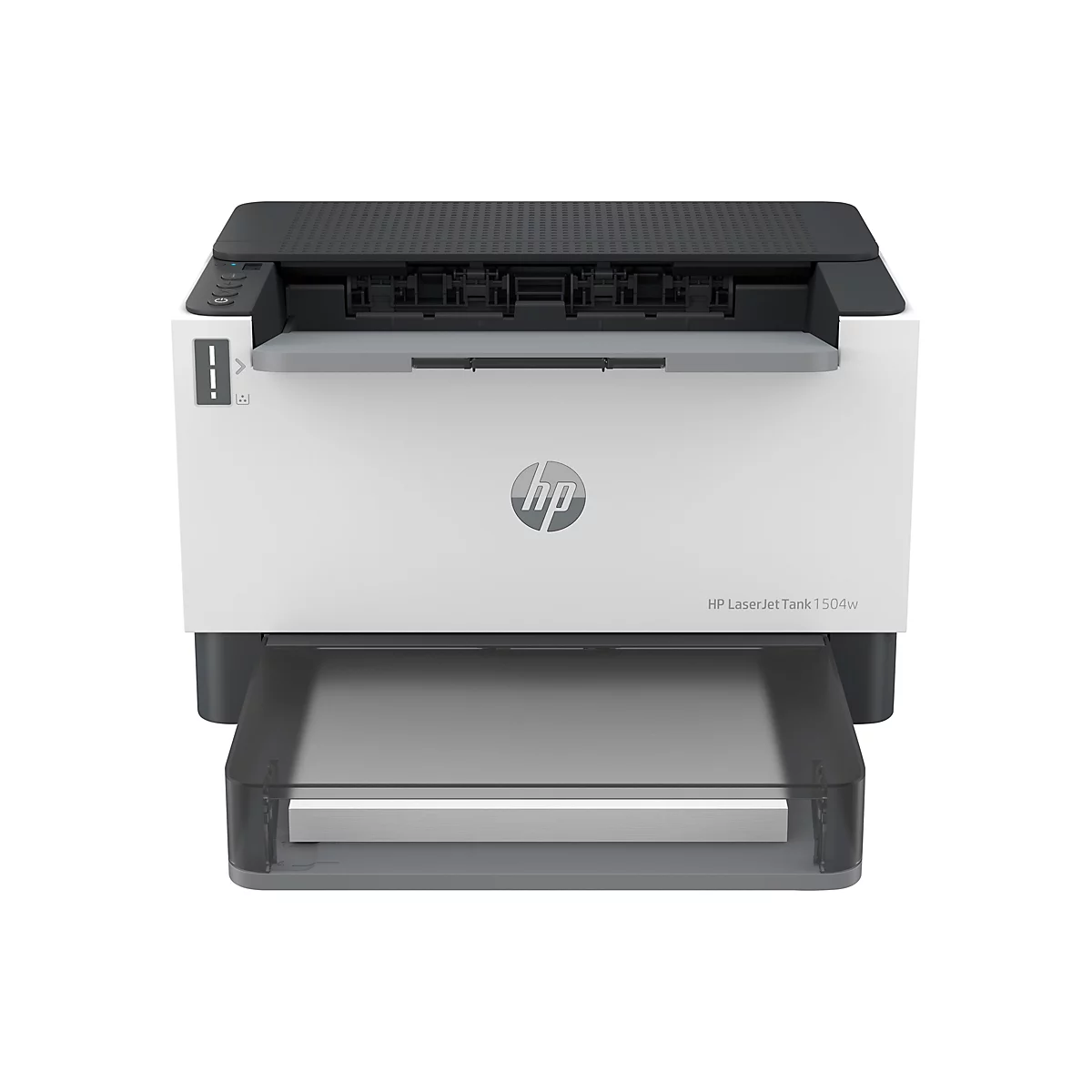 Ein weißer HP Laserdrucker, mit offenem Papierfach. Das HP Logo ist zentral platziert.