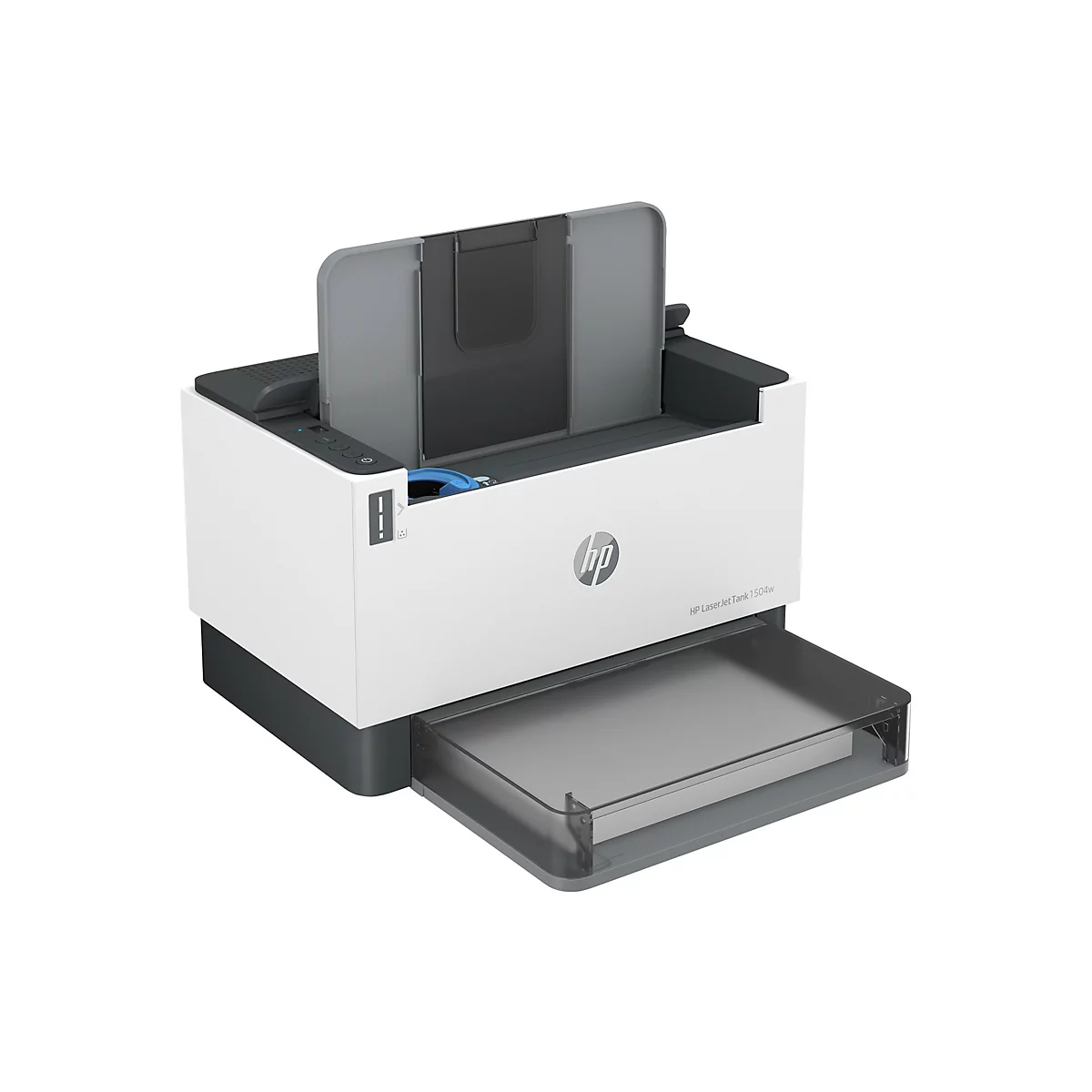 Ein weißer HP-Laserdrucker mit geöffnetem Papierfach und Deckel, Detailansicht.