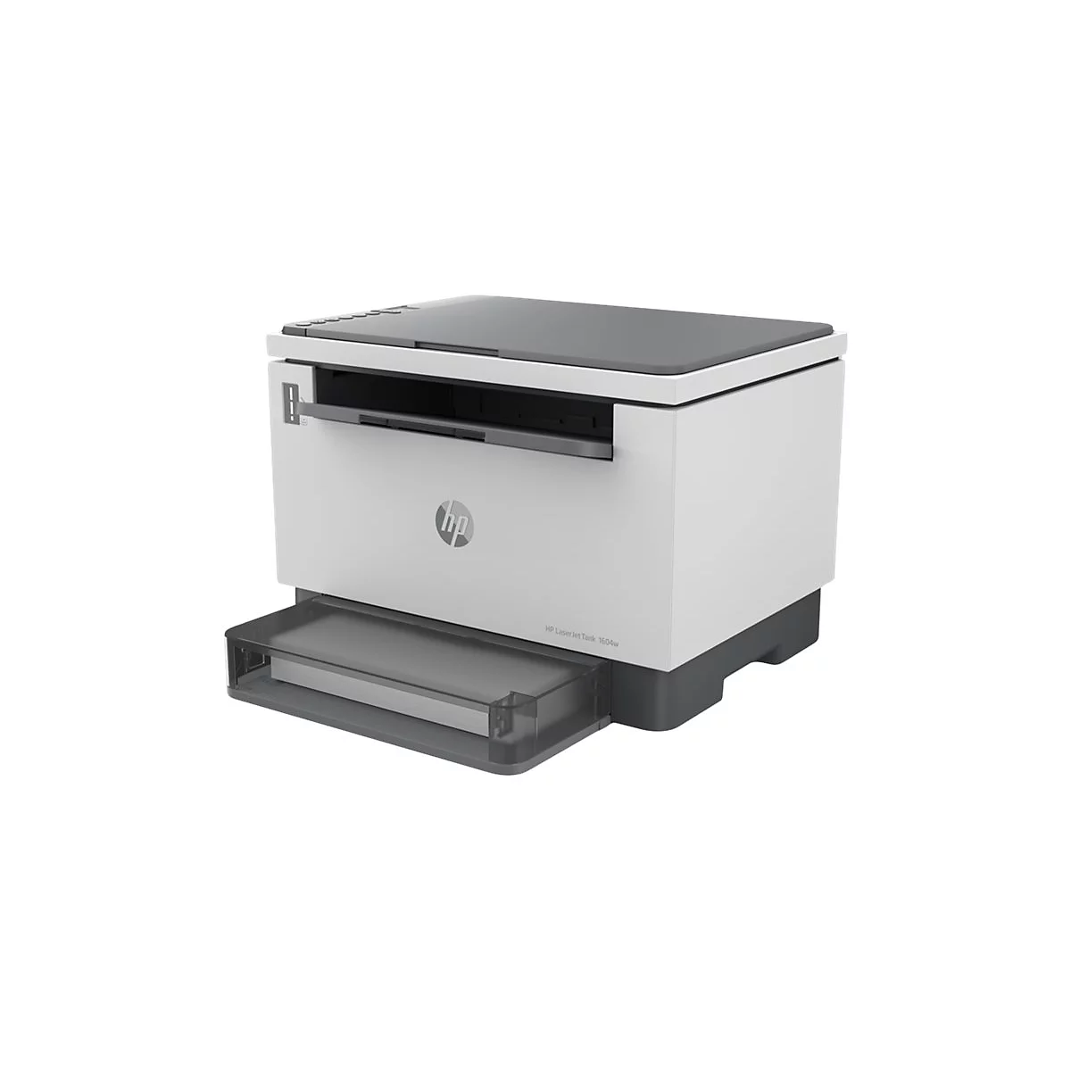 WeiÃŸer HP-Drucker. Graue Papierablage, HP-Logo und Bedienfeld. Seitlich ist der Drucker leicht angewinkelt.
