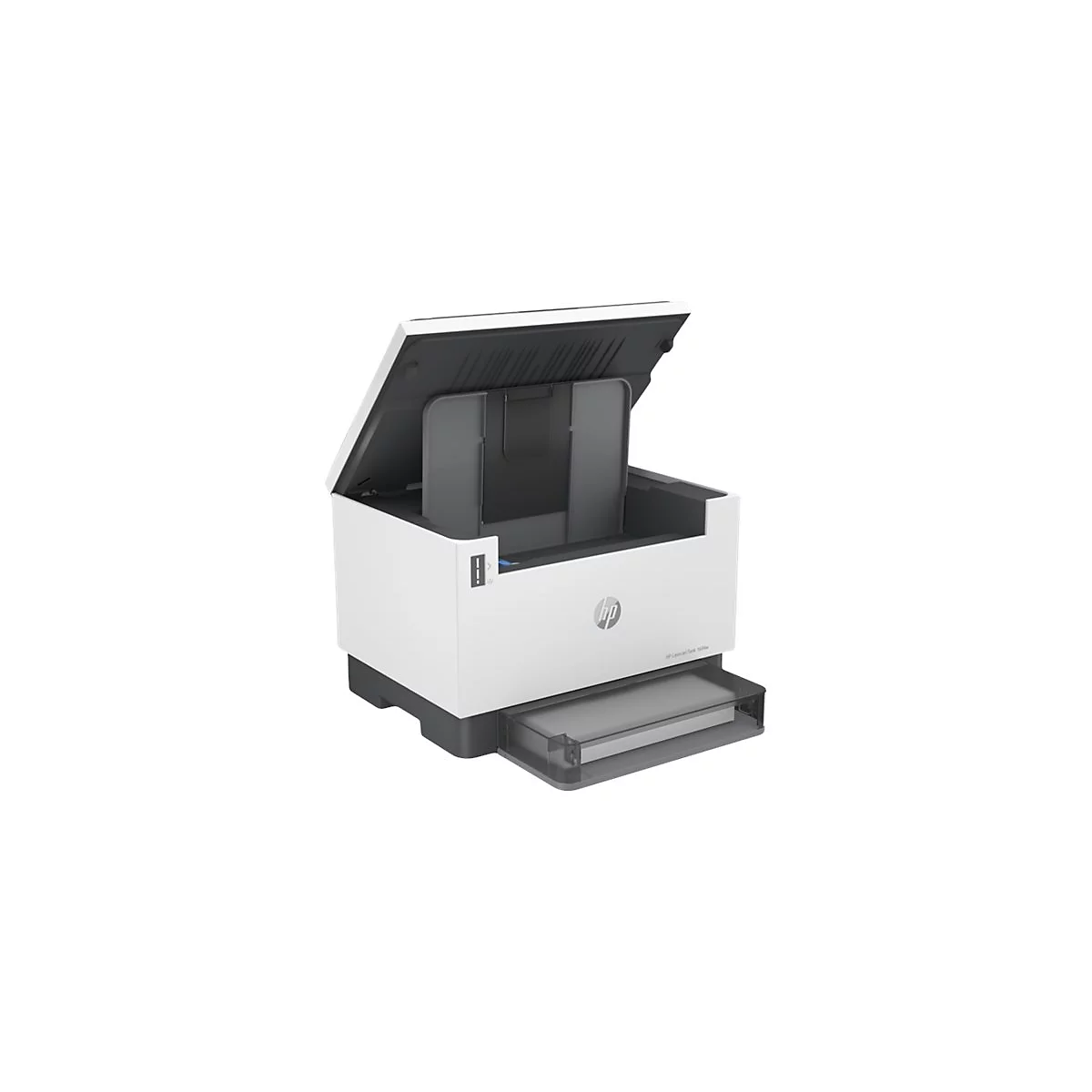WeiÃŸ-schwarzer HP-Drucker mit geÃ¶ffnetem Deckel, Papierschublade, HP-Logo.