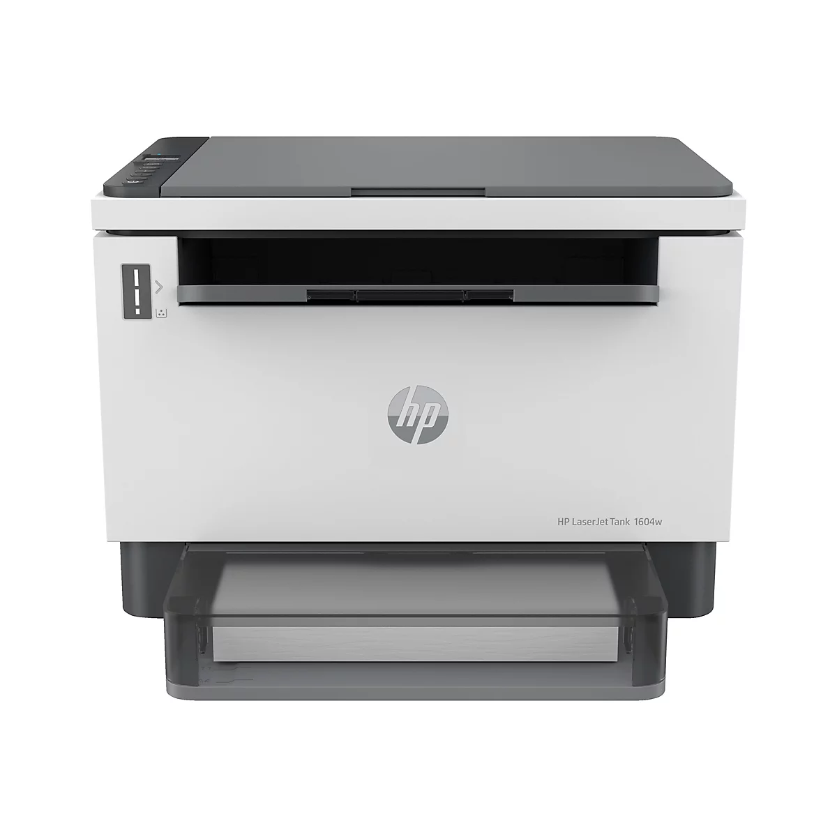 Ein weiß-grauer HP LaserJet Tank 1604w Drucker, Ansicht von vorne. Ein Papiereinzug ist unten zu sehen. Der Drucker hat das HP-Logo.