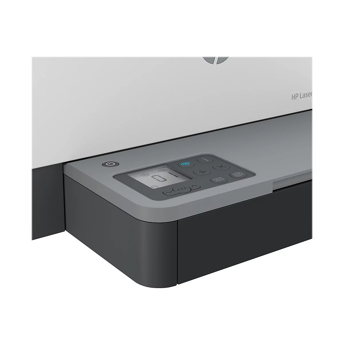 Detailaufnahme eines grauen Bedienfelds an einem HP Laserdrucker. Es zeigt ein Display und Tasten fÃ¼r Einstellungen.