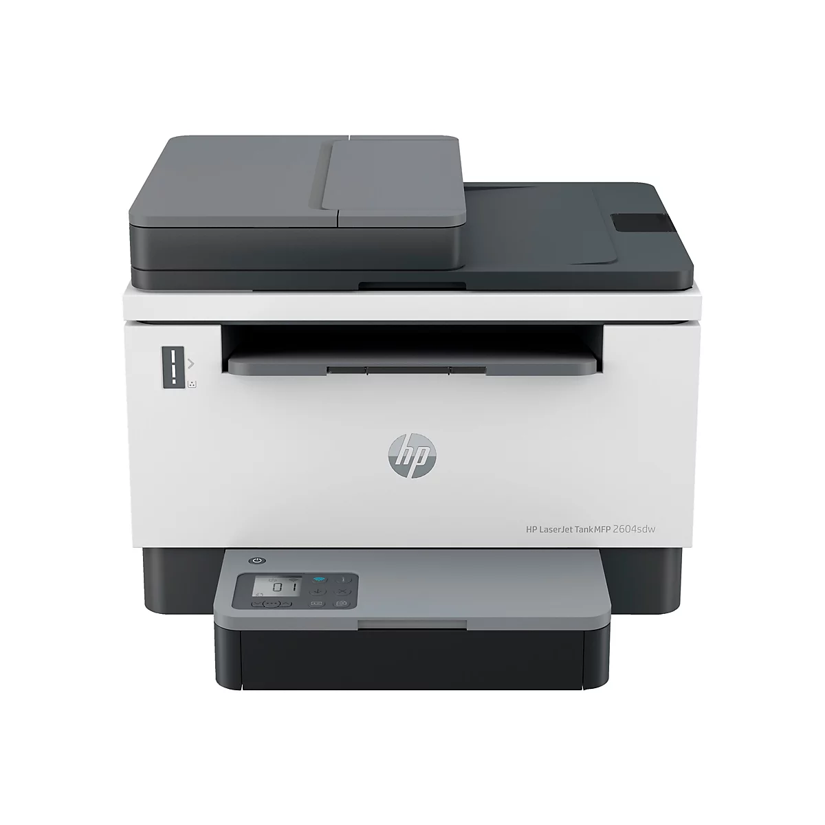 HP LaserJet Tank MFP 2604sdw, weiß-grauer Drucker mit Bedienfeld und HP-Logo. Vor weißem Hintergrund.