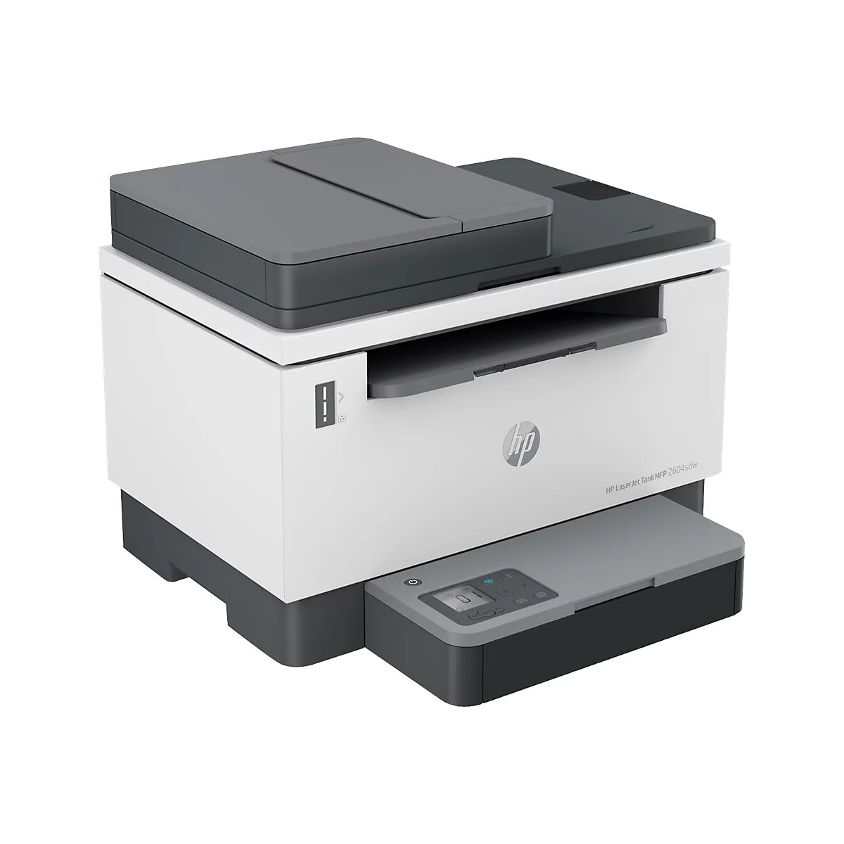 WeiÃŸer Drucker mit grauen Akzenten. Das Bedienfeld zeigt ein kleines Display. Links ist das HP-Logo abgebildet.