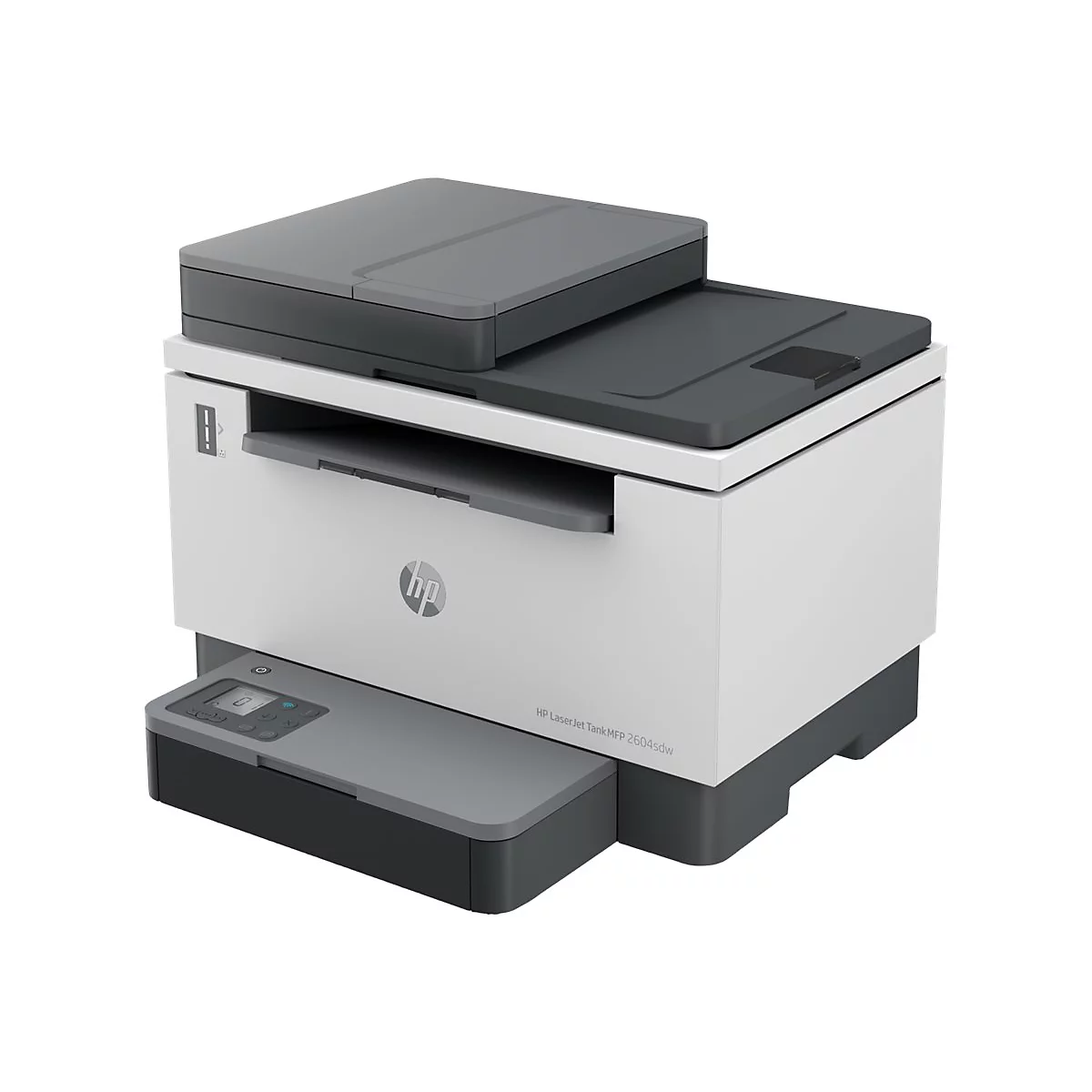 WeiÃŸer HP-Laserdrucker mit grauen Elementen und geÃ¶ffnetem Papierausgabefach.