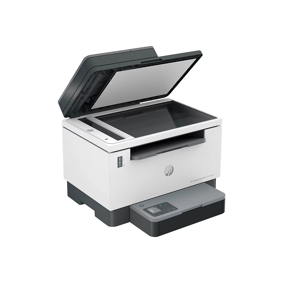 Ein weiÃŸer HP Drucker mit offenem Deckel, auf weiÃŸem Hintergrund.