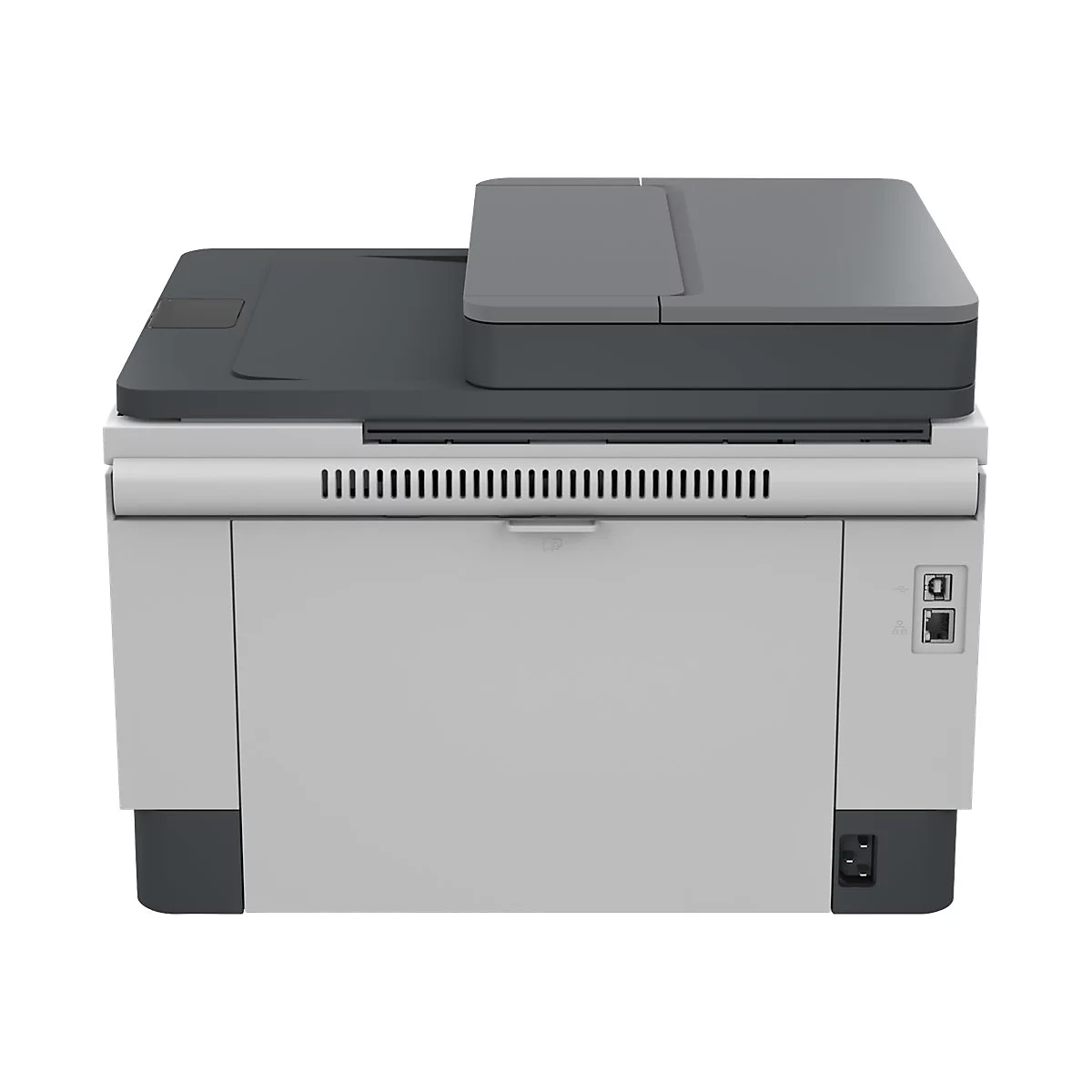 Ein weiÃŸ-grauer Drucker mit schwarzem Deckel, Details wie KnÃ¶pfe und AnschlÃ¼sse sind sichtbar.