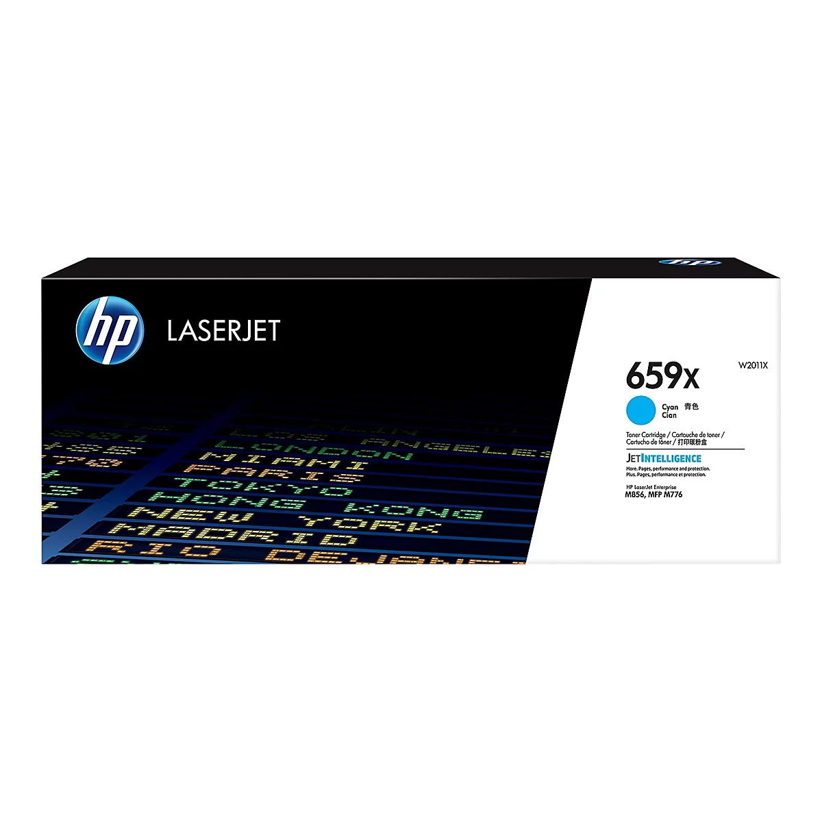Une cartouche de toner HP LaserJet bleue avec l'inscription "659x". La boîte présente un affichage d'informations de vol avec des noms de villes.