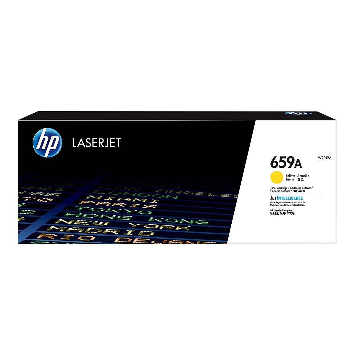 Une cartouche de toner HP LaserJet, étiquetée "659A", sur un fond présentant un design de tableau d'affichage d'aéroport.