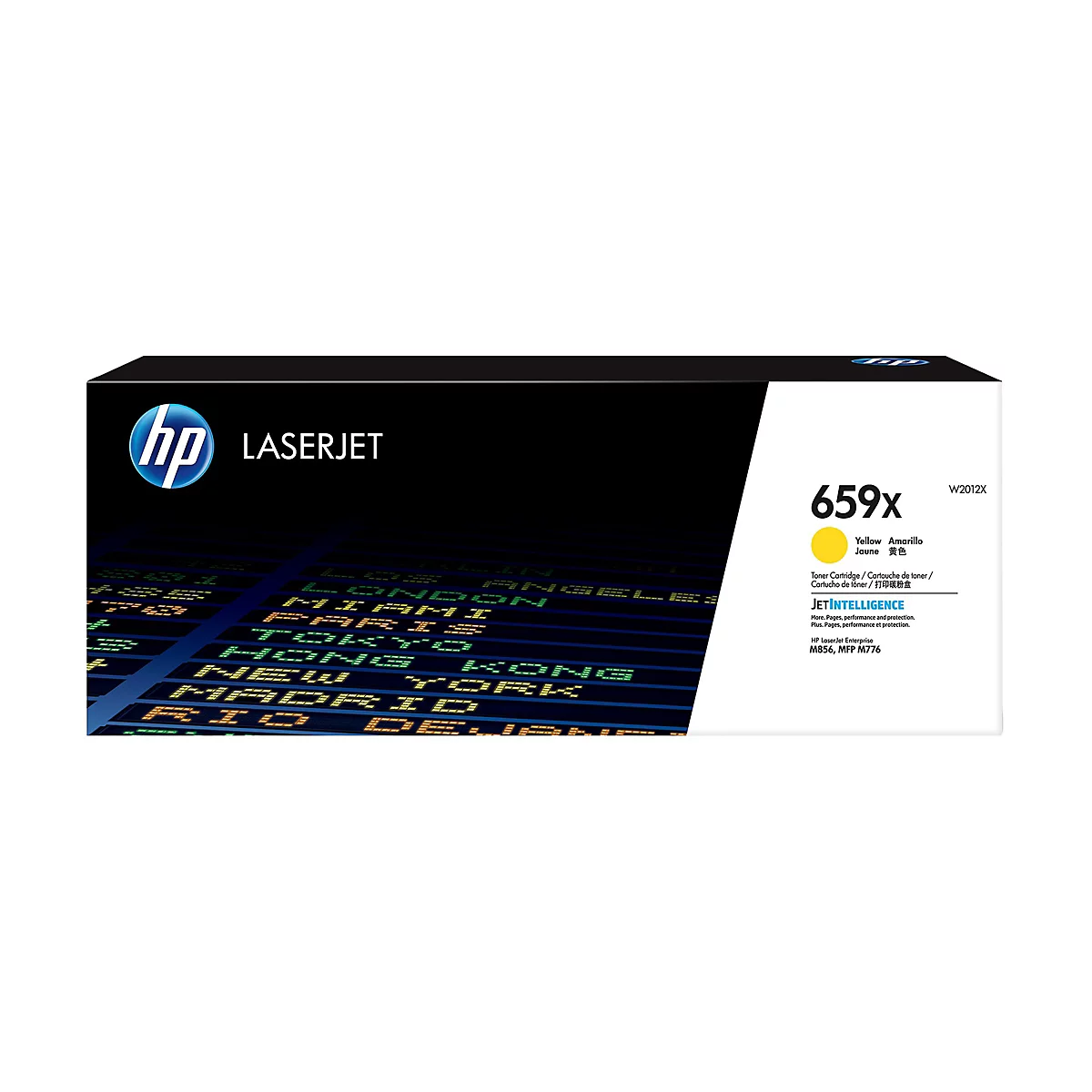 Boîte de cartouche de toner HP noire avec logo et informations sur le produit, logo jaune avec texte, avec des codes de destination de vol internationaux en dessous.
