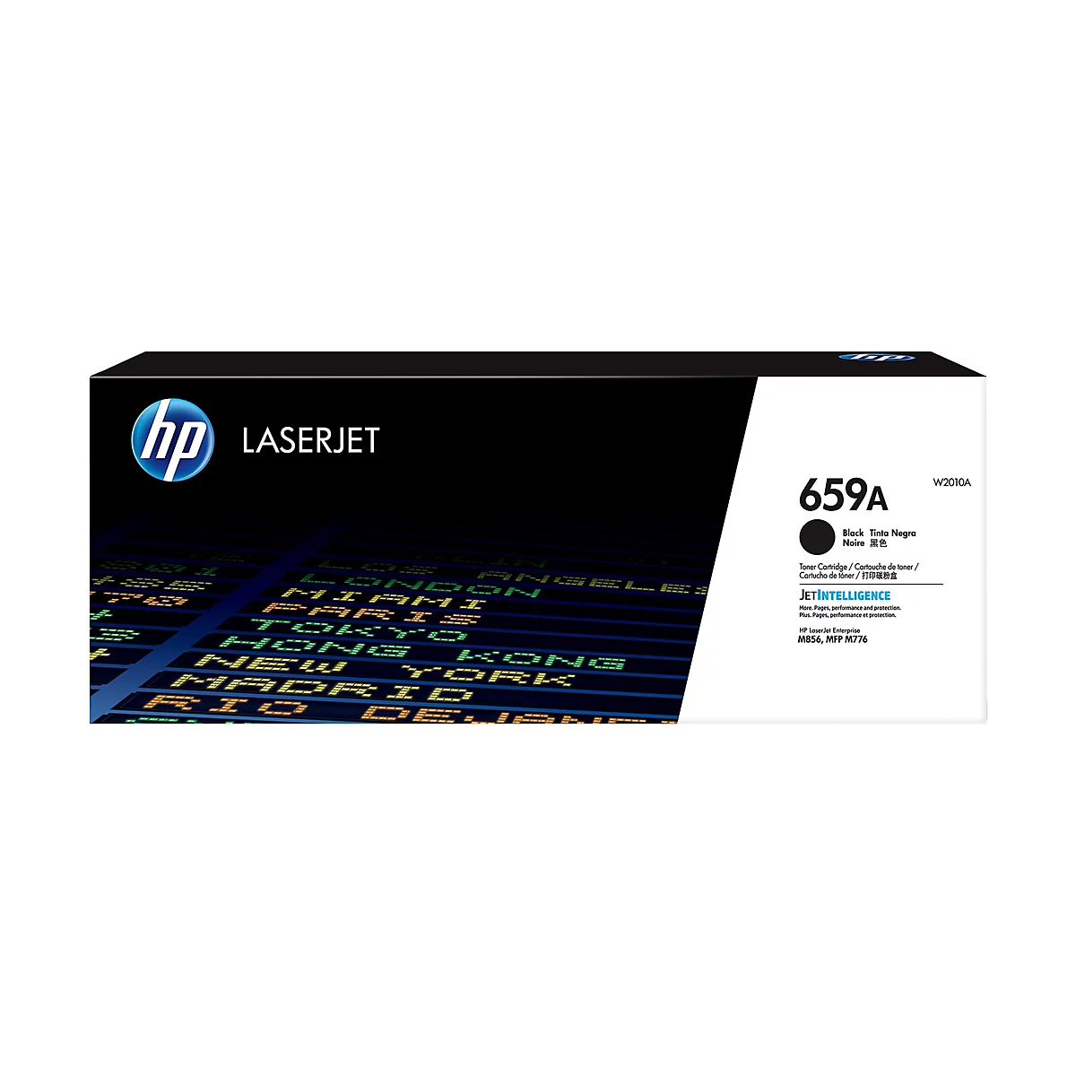 Une cartouche de toner noire HP 659A. L'emballage présente les logos HP et Laserjet. En arrière-plan, un tableau d'aéroport avec des noms de villes.