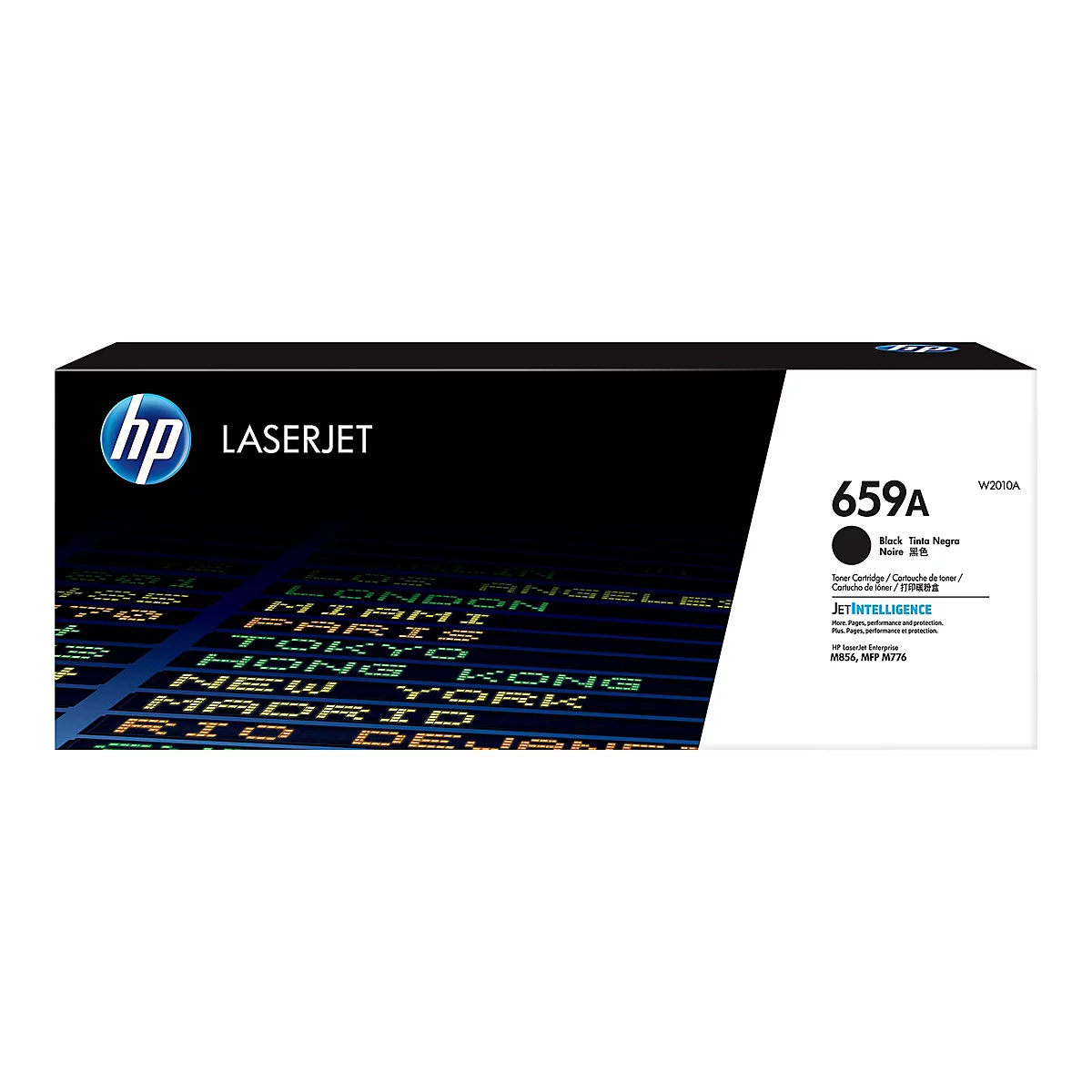 Une cartouche de toner HP LaserJet noire, sur un fond avec des écritures rappelant un tableau de départ.