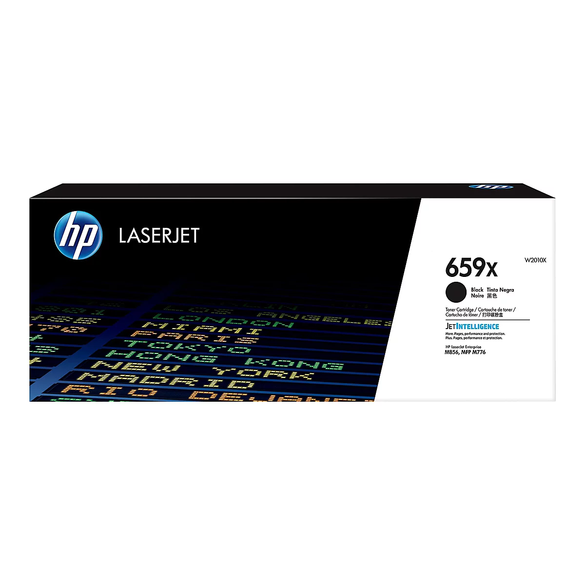 Cartouche de toner HP LaserJet noire 659X avec texte, représentant un tableau avec des destinations de voyage.