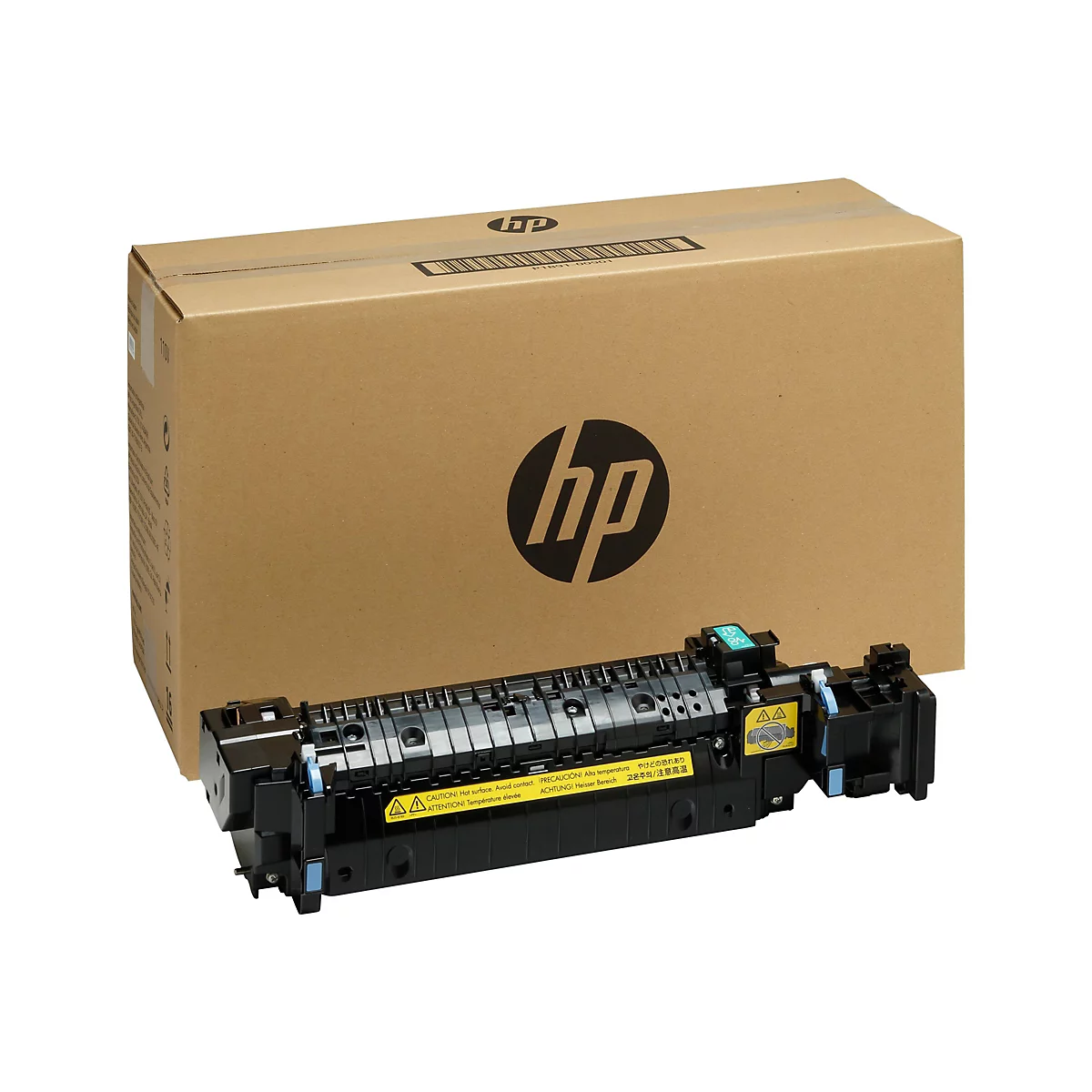 Eine Drucker-Reparatur-Einheit mit HP-Logo und Karton. Schwarz, Gelb, Grau und Blau. Auf der Verpackung steht HP.