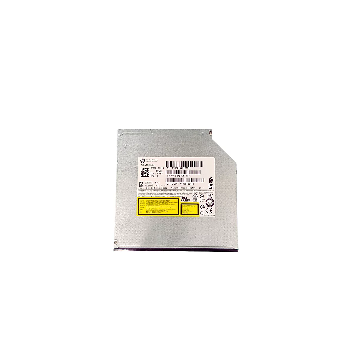 HP DVD-ROM-Laufwerk auf weißem Hintergrund mit Produktetikett, technischen Daten und verschiedenen Zertifizierungslogos.