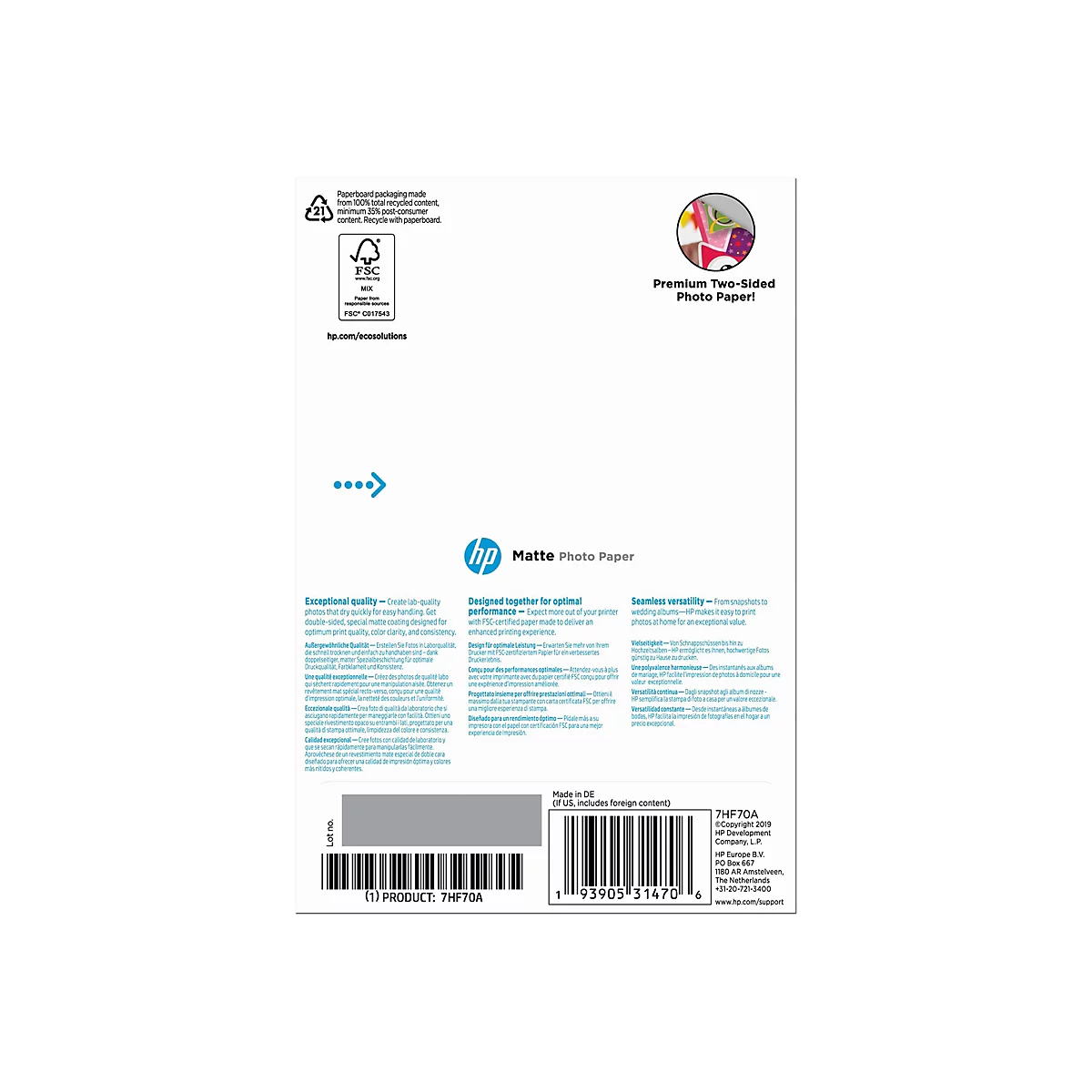 Rückseite einer HP Matte Photo Paper Verpackung mit Produktinformationen und FSC-Umweltzertifizierung.