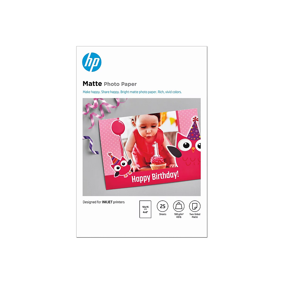 Produktverpackung von HP Matte Photo Paper mit einer Geburtstags-Grußkarte als Abbildung.