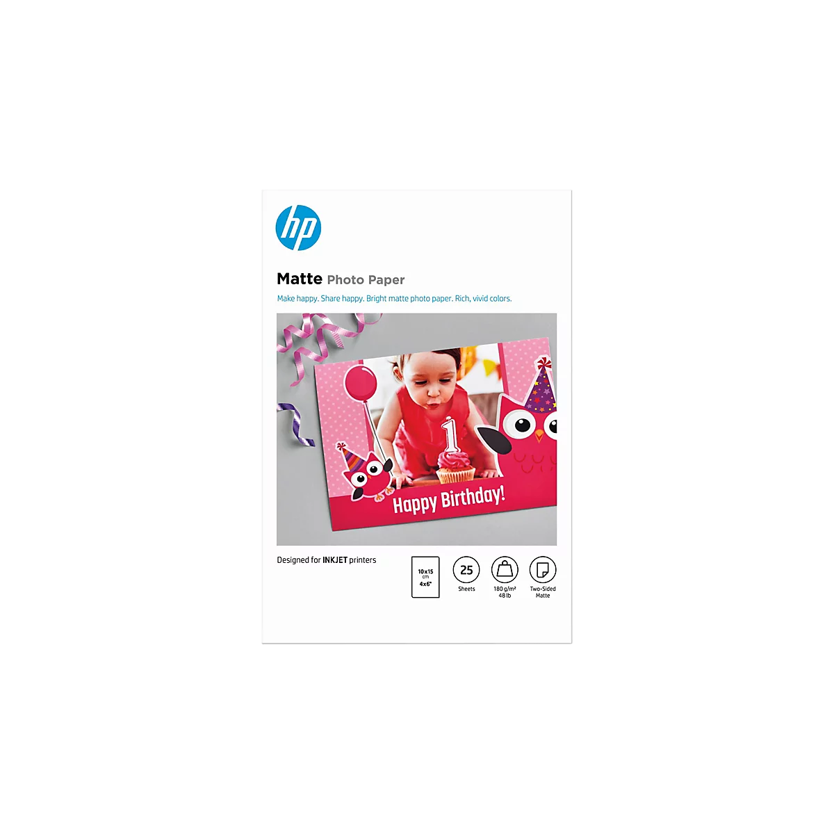 HP mattes Fotopapier, 10x15 cm, 25 Blatt, 180g/qm, beidseitig matt, mit Geburtstagskarten-Design.