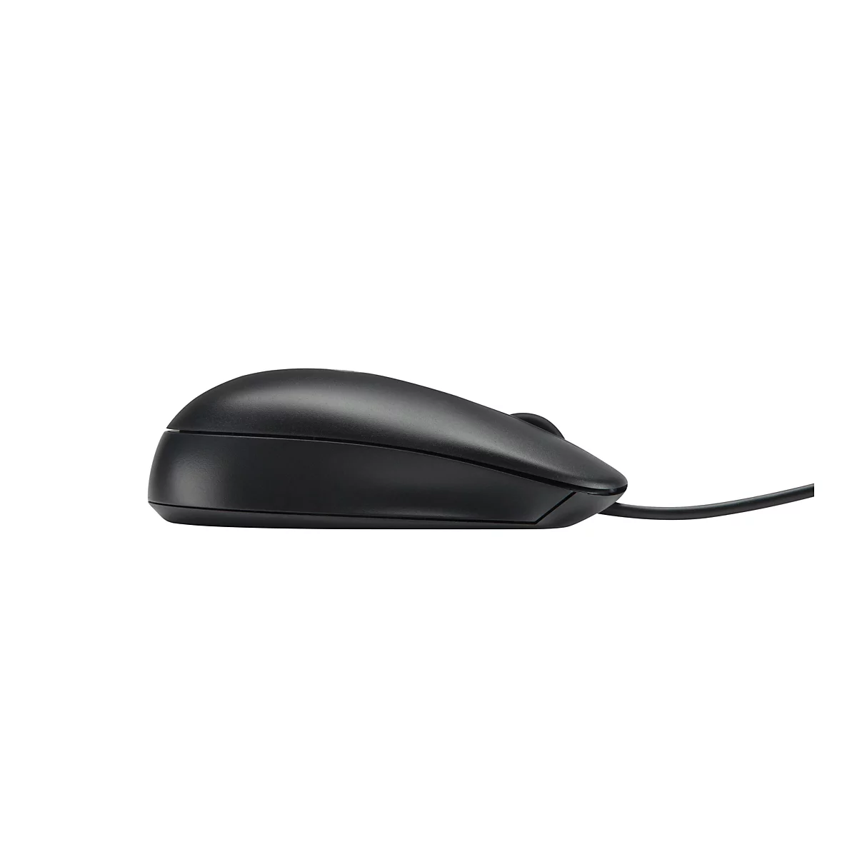 Schwarze Computermaus, Seitenansicht, Kabel nach rechts. Auf weißem Hintergrund.