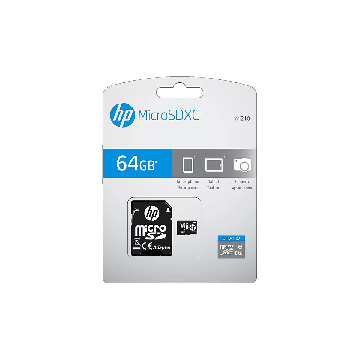 HP MicroSDXC-Speicherkarte 64GB, verpackt. Beschriftung mit Smartphone, Tablet und Kamera.