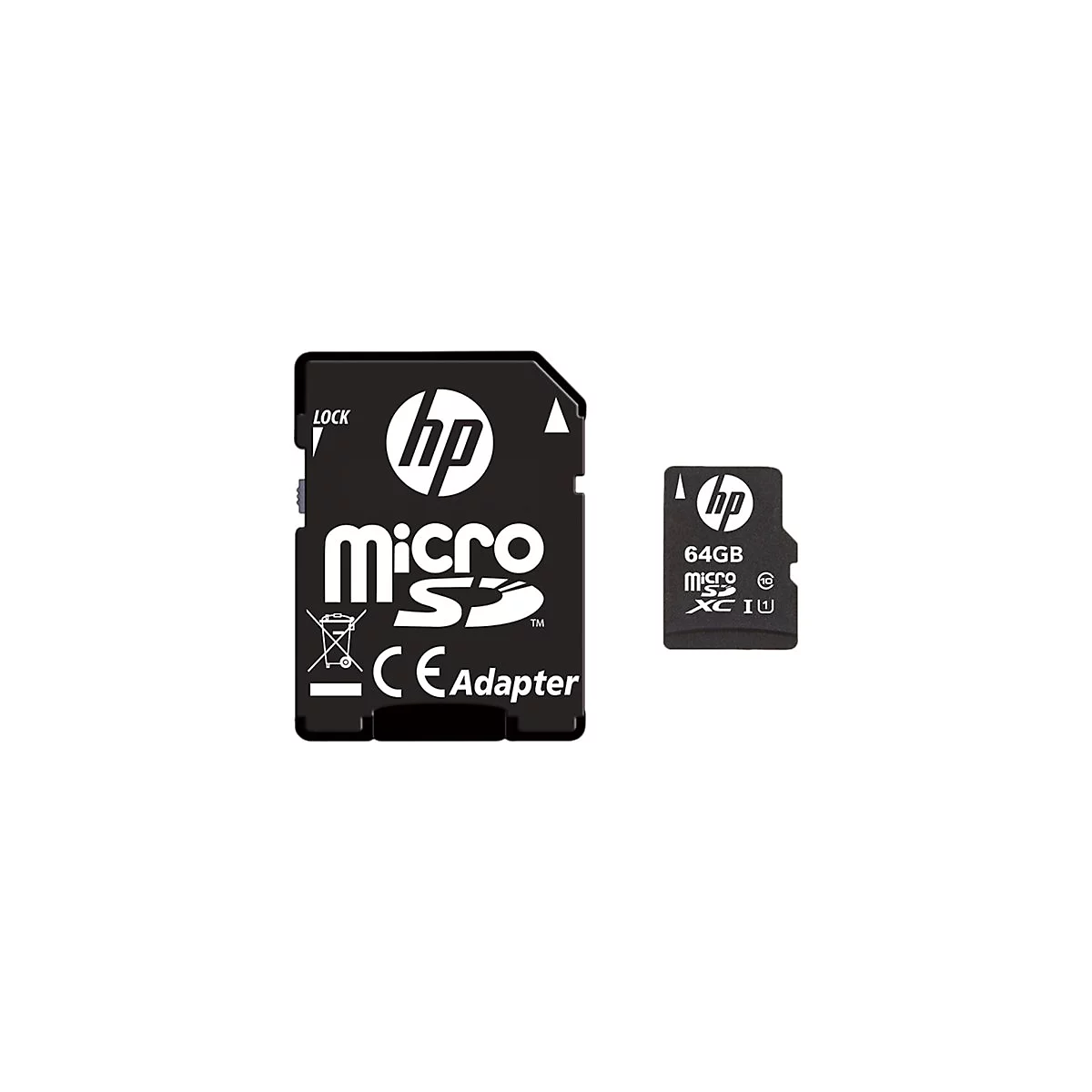 SD-Kartenadapter und Micro-SD-Karte von HP. Die Karte hat 64 GB Speicherkapazität.