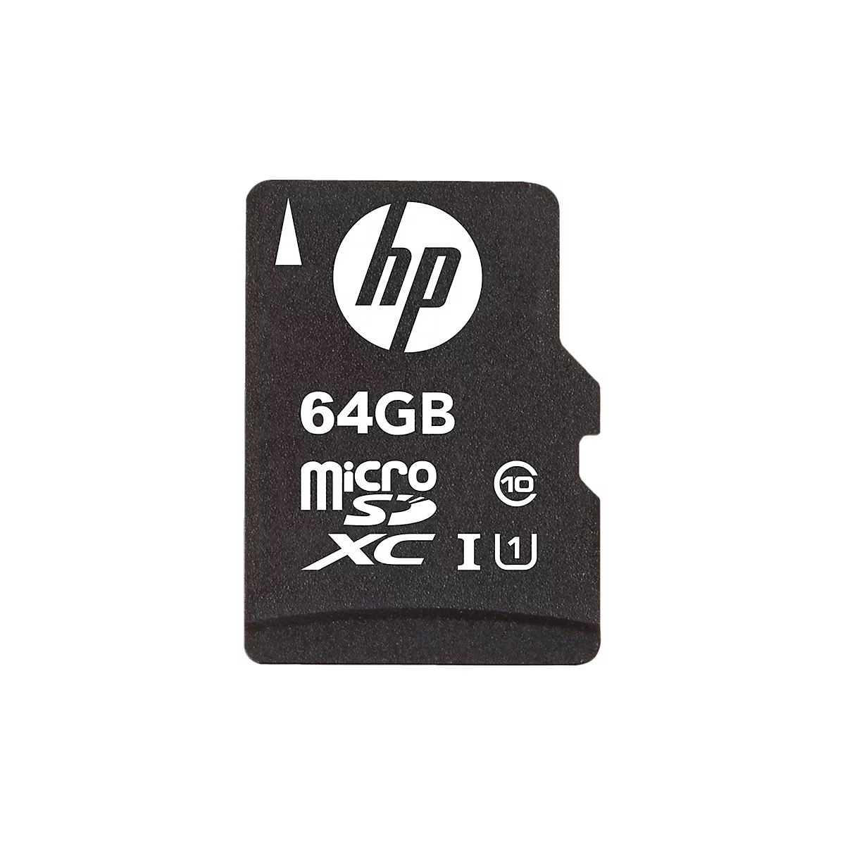 Schwarze Micro-SD-Karte mit weißem 'hp' Logo, '64GB', 'micro SDXC I' Beschriftung und einem '10' Symbol.