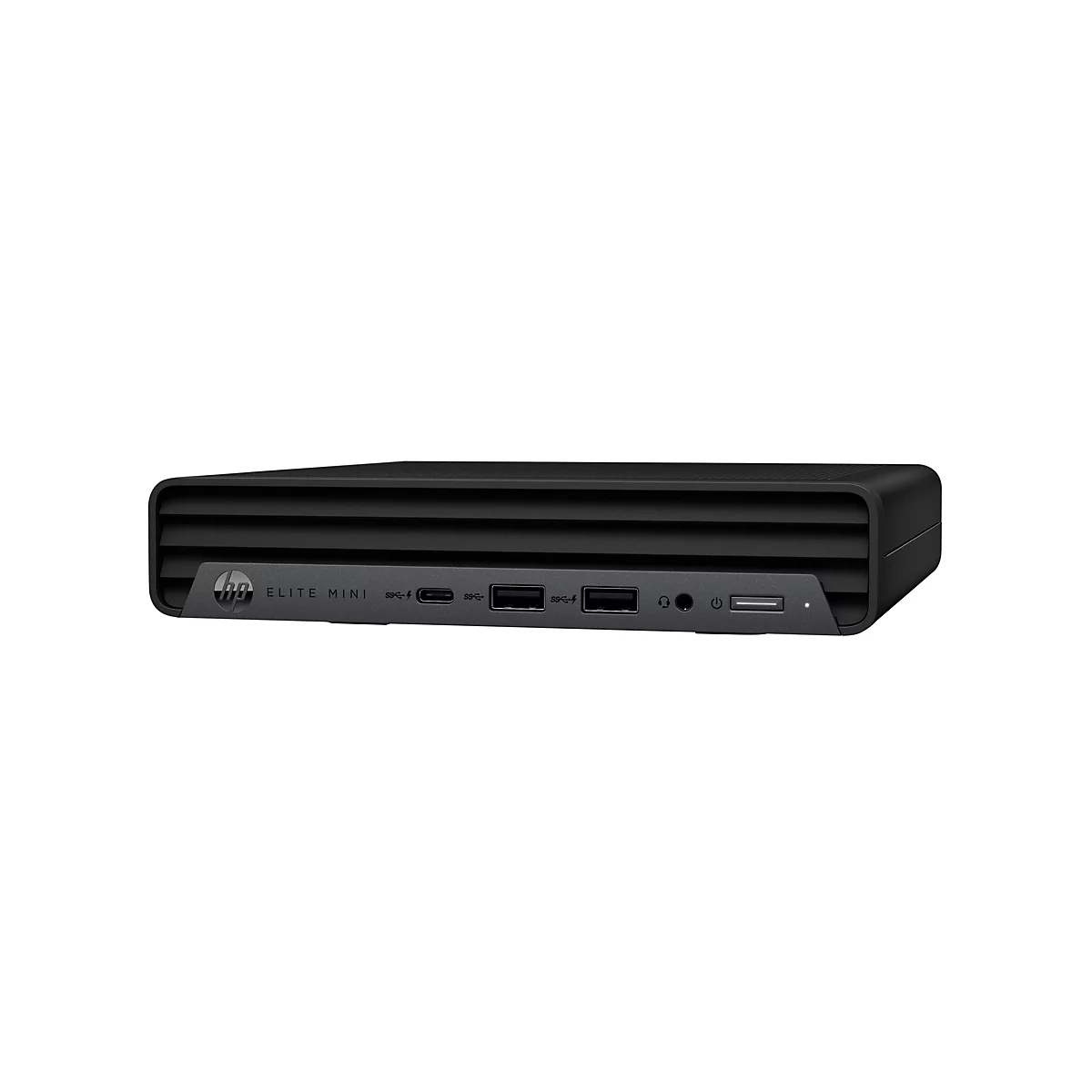 Mini-PC HP Elite noir sur fond blanc. Façade avec ports et logo HP.