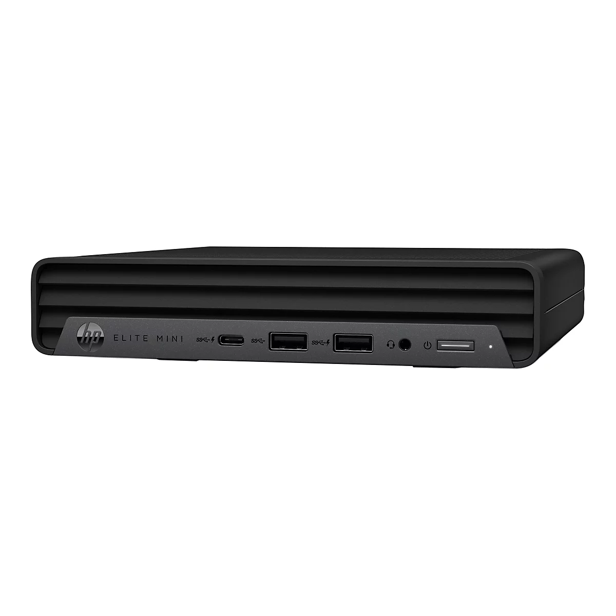 Schwarzer HP Elite Mini Computer, Vorderansicht. Links das Logo, rechts Anschlüsse. Aufschriften: Elite Mini, Anschlüsse.
