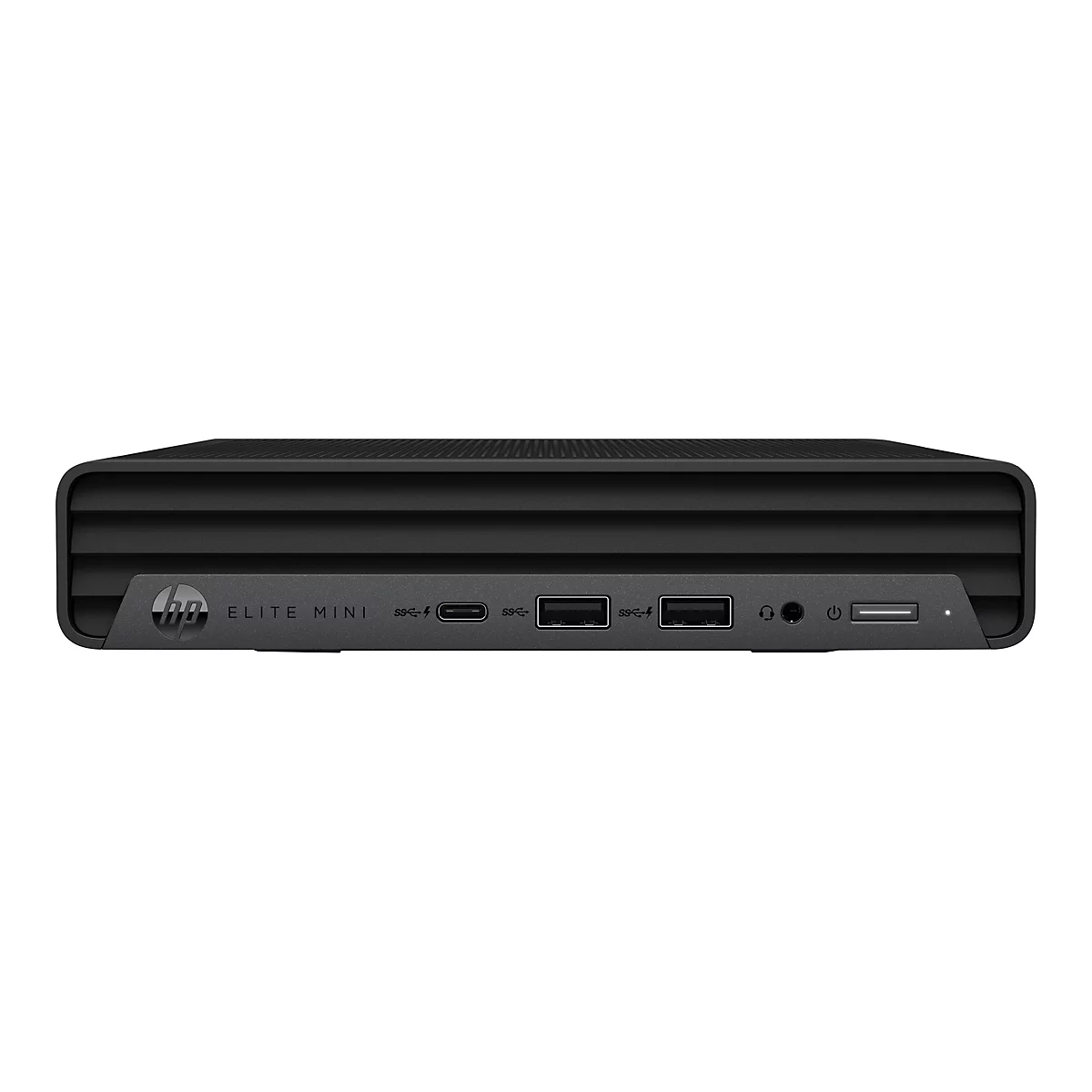 Schwarzer HP Elite Mini-Computer, auf weißem Hintergrund, mit seitlichen USB-Anschlüssen und dem HP-Logo.