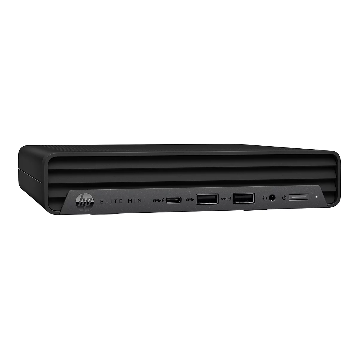 Schwarzer HP Elite Mini Computer auf weißem Hintergrund. Auf der Vorderseite befinden sich Anschlüsse und das HP Logo.