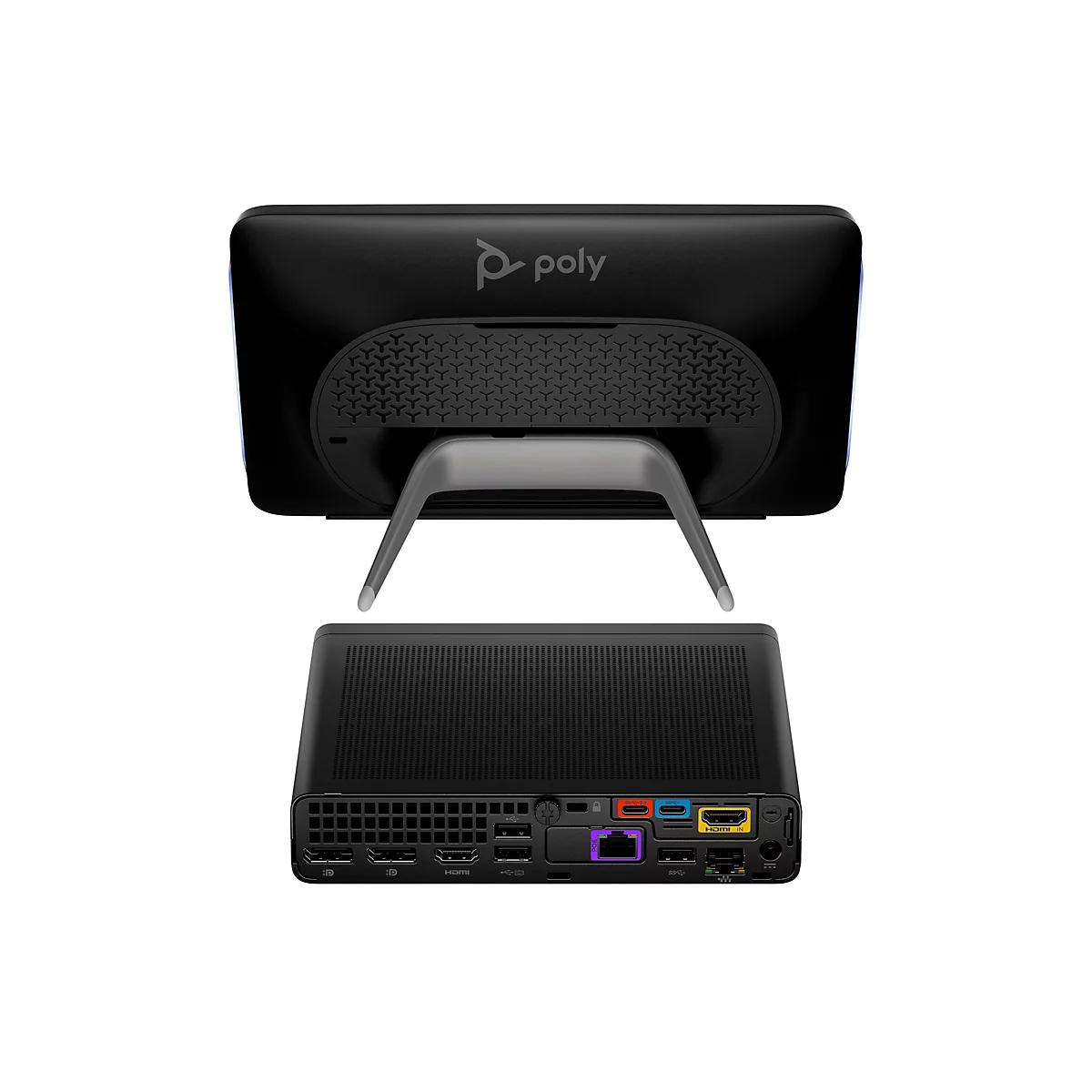 Schwarzes Poly-Videokonferenzsystem. Ein Bildschirm mit Ständer wird von einer Basis gehalten, die verschiedene Anschlüsse hat.