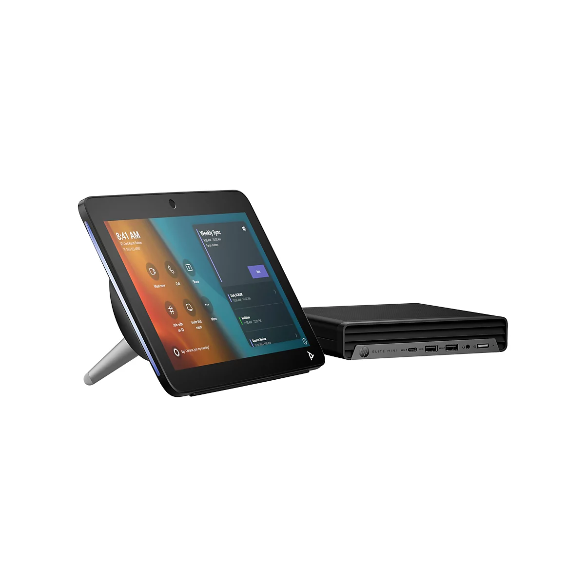 Ein schwarzes Videokonferenzsystem mit Touchscreen-Bildschirm und einer kleinen schwarzen Konsole, beide vor weißem Hintergrund.