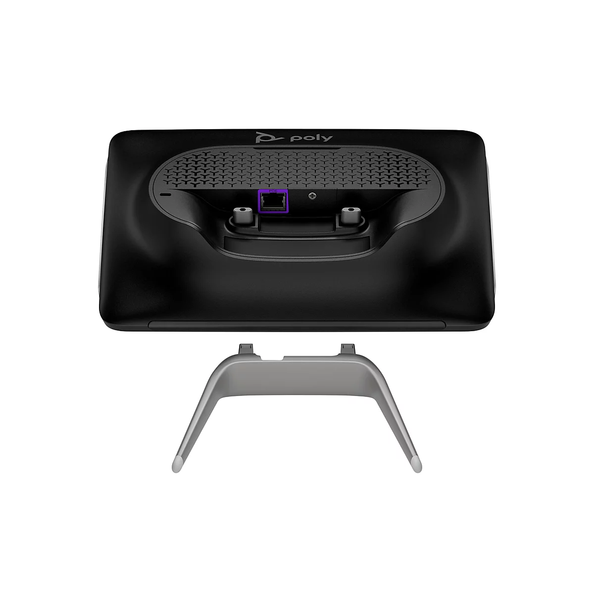 Schwarzes Poly-Videokonferenzgerät mit violettem Netzwerkanschluss und silberfarbenem Ständer.