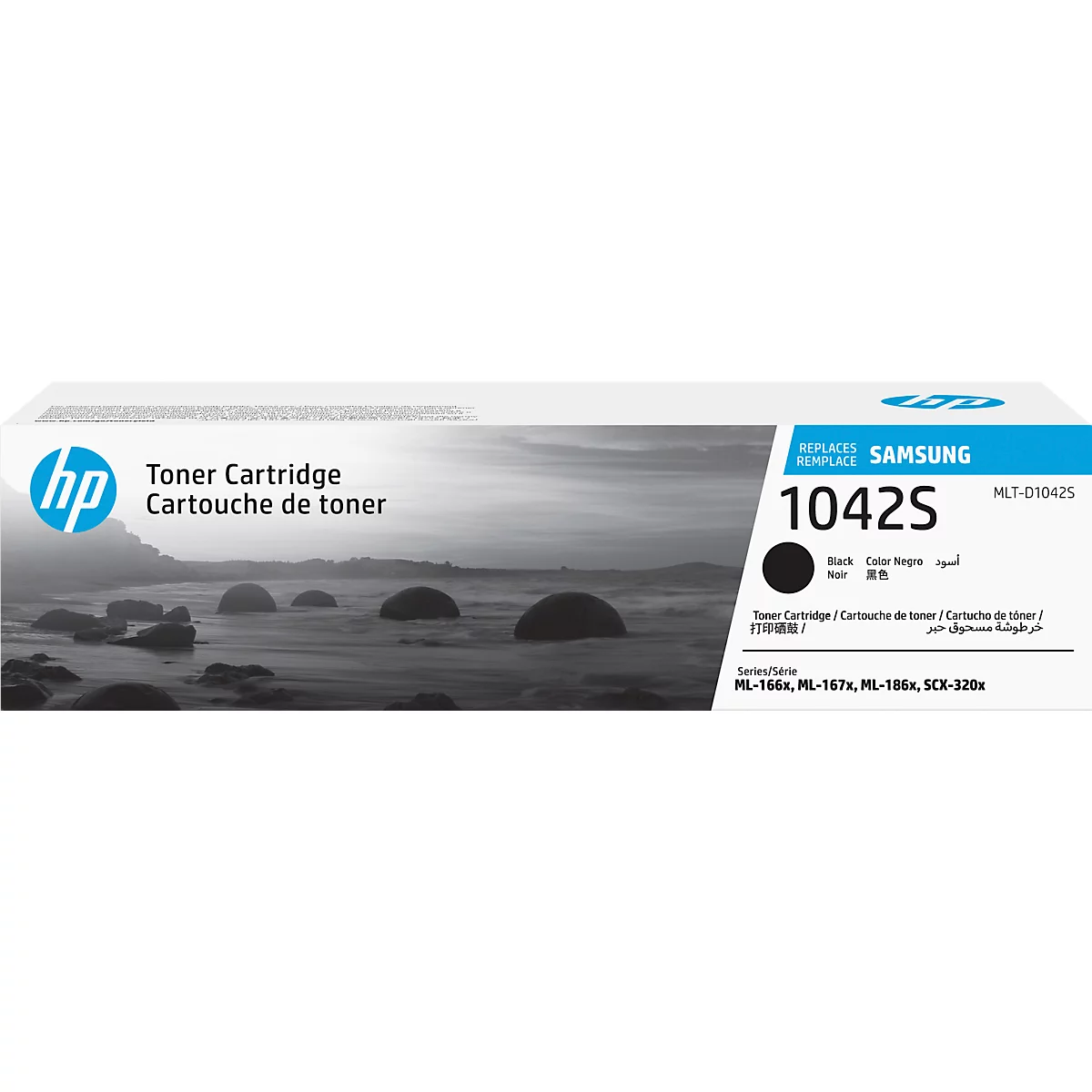 Toner-Kartusche von HP, Modell 1042S, mit Landschaftshintergrund.