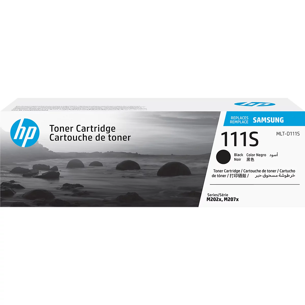 Schwarze Toner-Kartusche, bedruckt mit HP-Logo, Text und einem Produktnamen.