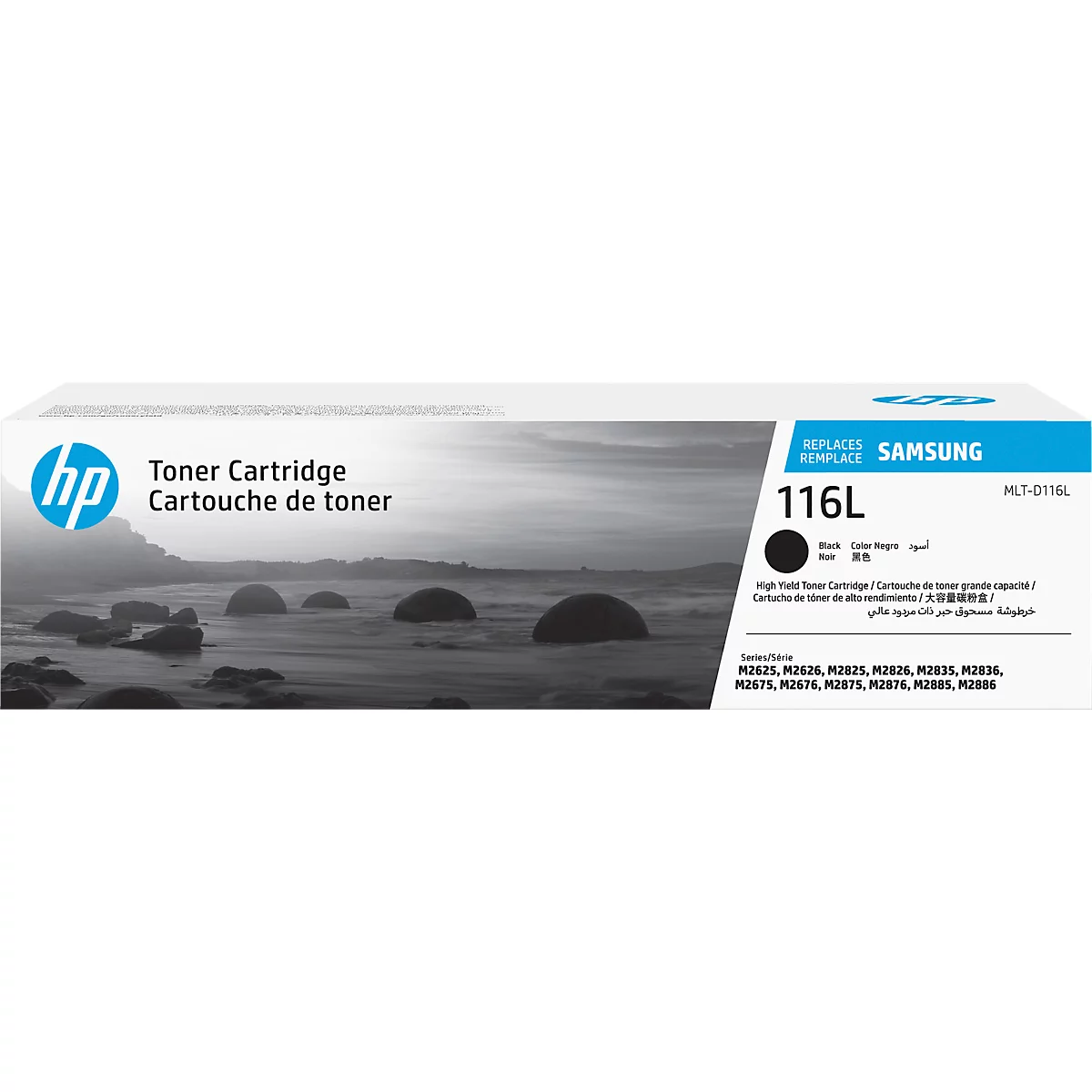 Black toner cartridge, HP logo, labeled 116L, replaces Samsung models.