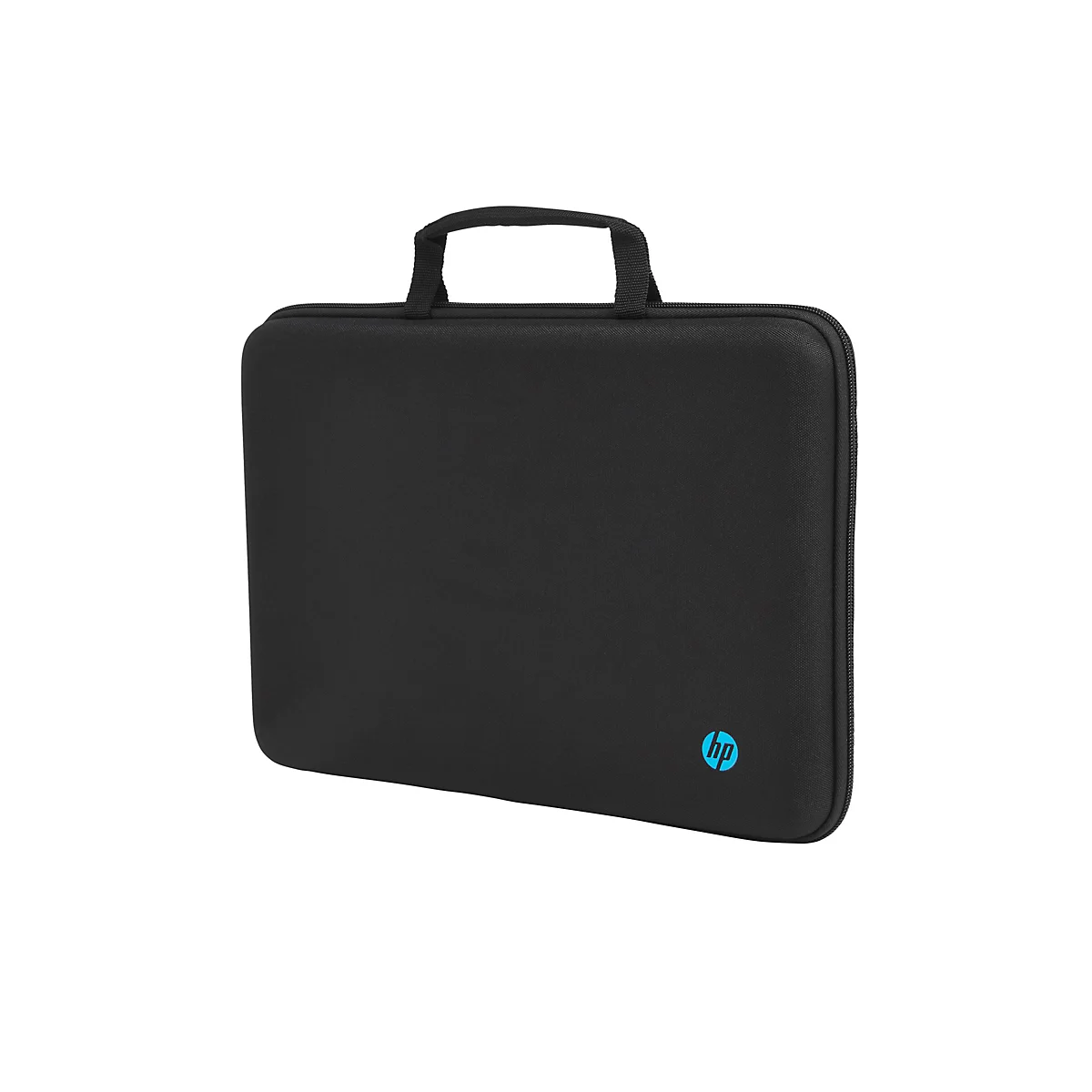 Schwarze Laptop-Hülle mit HP-Logo und Tragegriff.