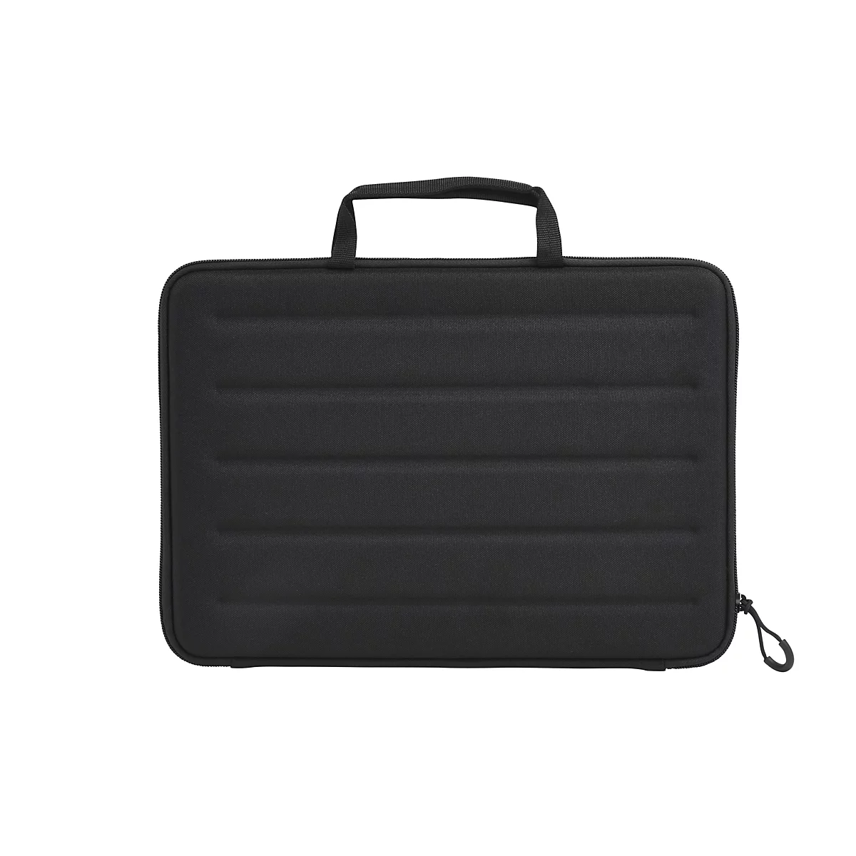 Schwarze Laptoptasche mit Tragegriff. Sie hat ein geripptes Design und einen Reißverschluss.