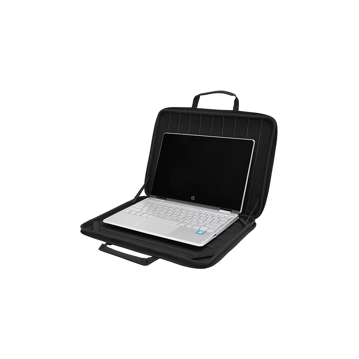 Schwarze Laptop-Hülle mit einem geöffneten, silbernen HP-Laptop. Der Laptop liegt in der Hülle, die einen Reißverschluss und einen Tragegriff hat.