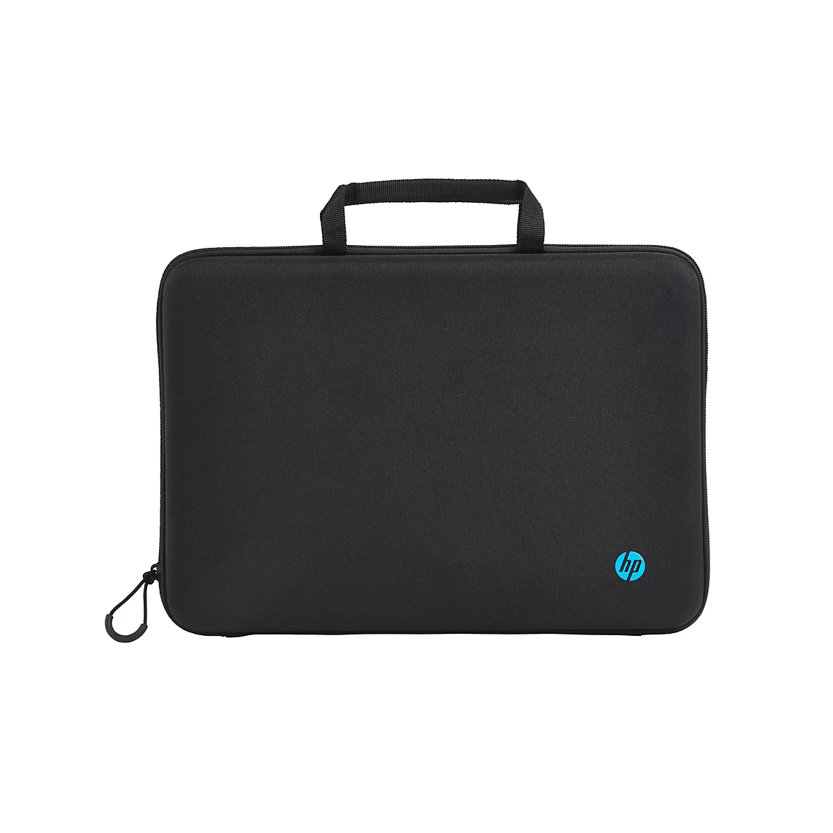Schwarze Laptop-Tasche von HP. Die Tasche hat einen Griff, einen Reißverschluss und das HP-Logo in Blau.